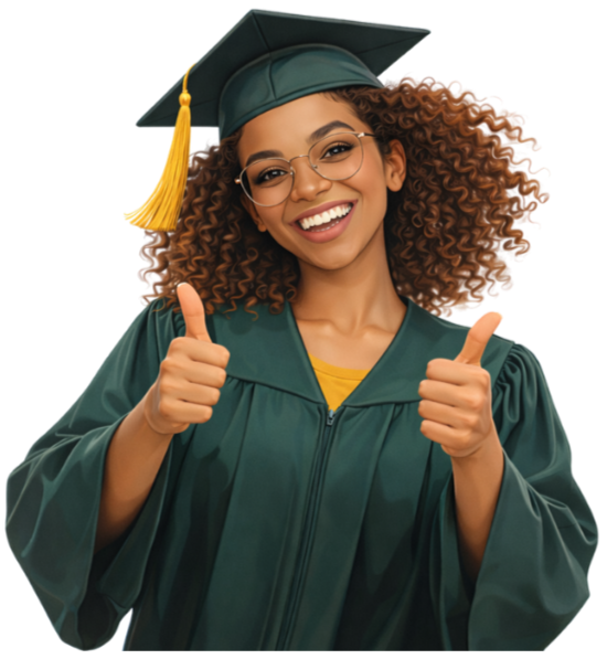 Young woman in green graduation gown and cap with yellow tassel, smiling and giving two thumbs up.