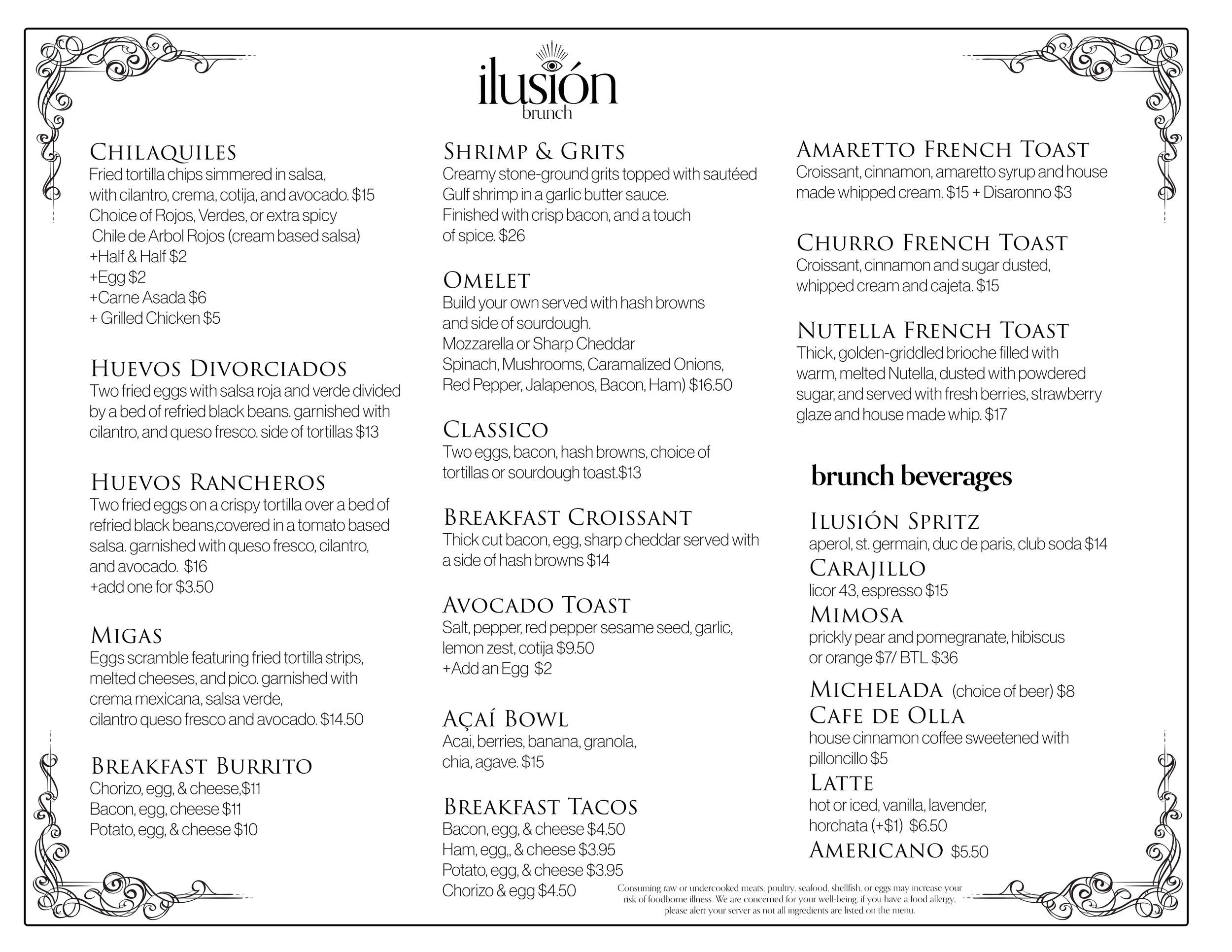 Restaurant menu from Ilusión brunch featuring dishes such as chilaquiles, huevos divorciados, huevos rancheros, migas, breakfast burrito, shrimp and grits, omelet, classic, breakfast croissant, avocado toast, açaí bowl, breakfast tacos, and various French toasts. It also lists brunch beverages including drinks like the Ilusión Spritz, Carajillo, Mimosa, Michelada, Cafe de Olla, Latte, and Americano.