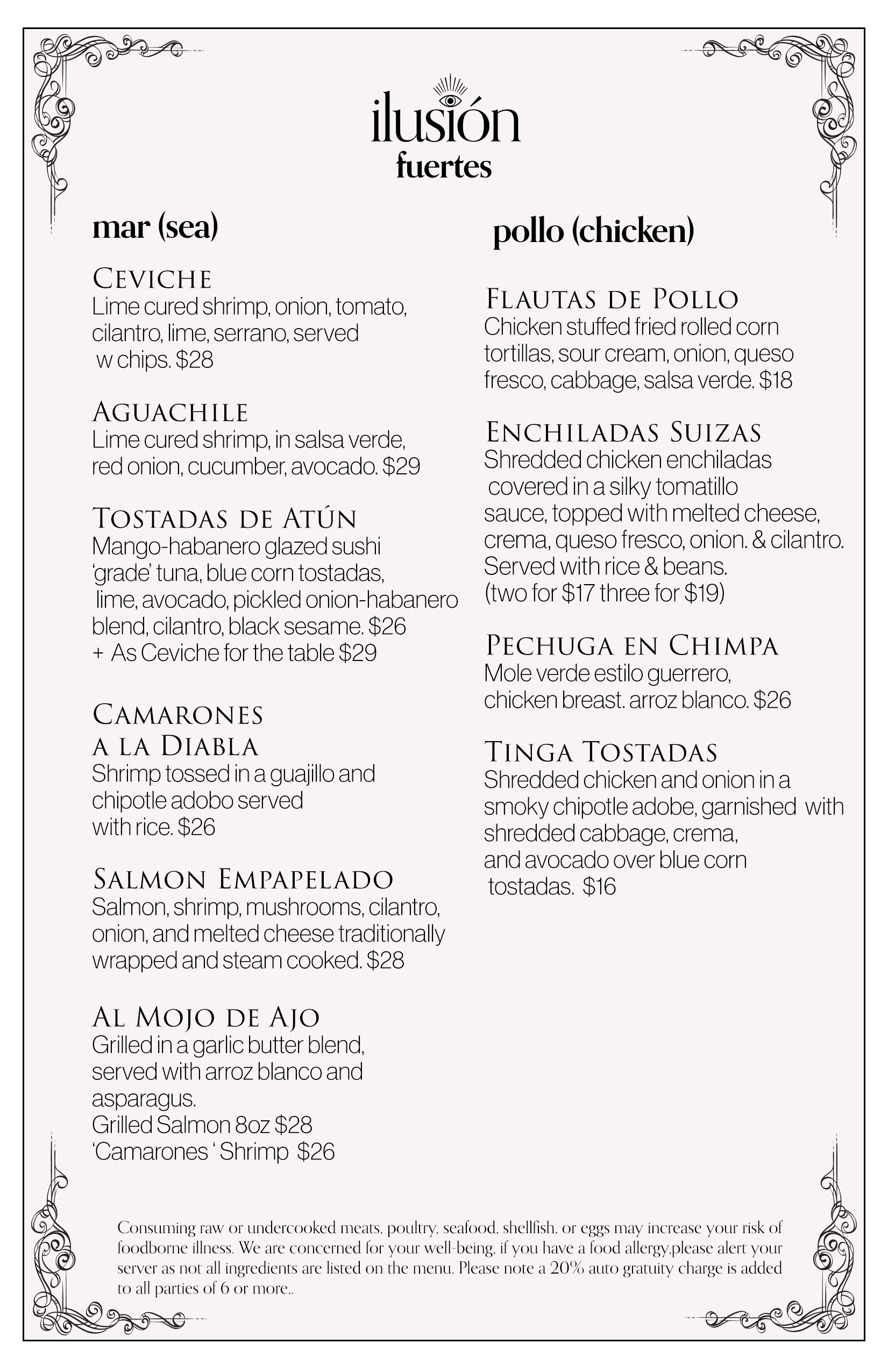 Menu with two sections: 'mar (sea)' listing ceviche, aguachile, tostadas de atún, camarones a la diabla, salmon empapelado, al mojo de ajo, and prices; 'pollo (chicken)' listing fajitas de pollo, enchiladas suizas, pechuga en chimpa, tinga tostadas, with descriptions and prices.
