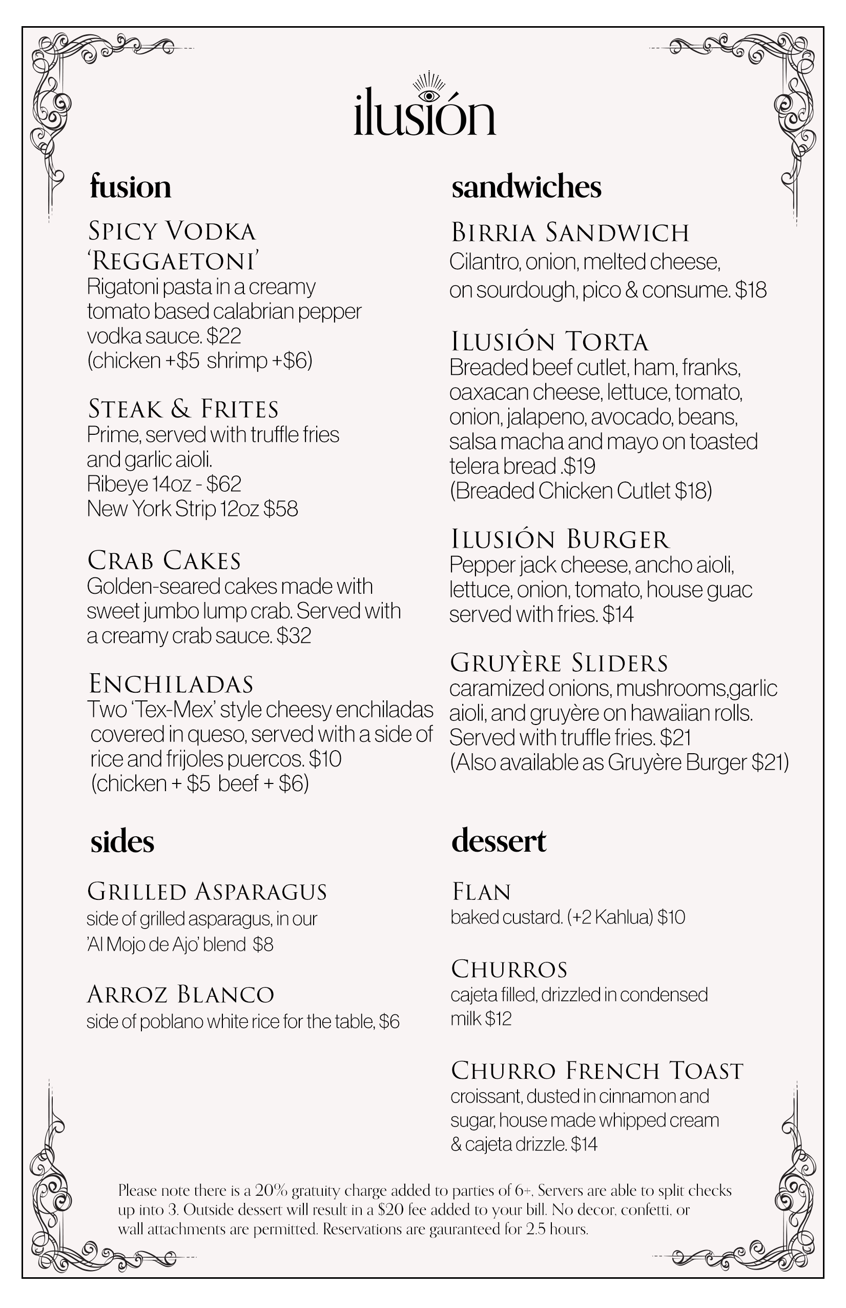 Menu titled 'ilusión' featuring sections for fusion, sandwiches, sides, and dessert, with detailed descriptions and prices for each item.