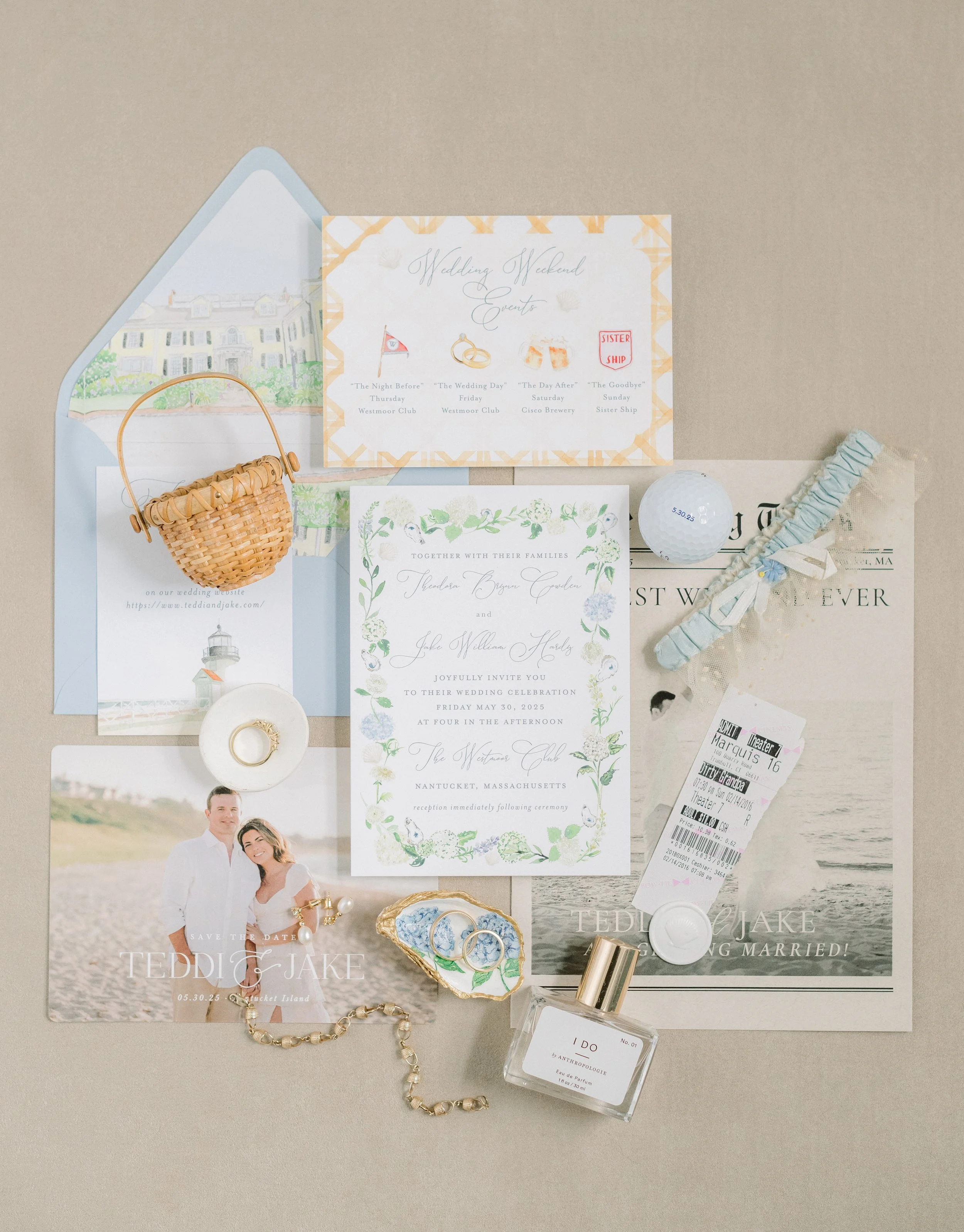 Flatlay nantucket wedding invitations
