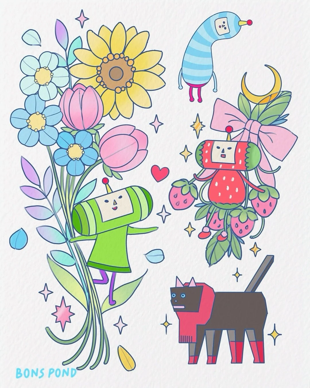 Katamari tattoos available! Would love to do customs of any of the cousins 🥺 Booking form linked in bio 
.
See more designs available to claim @bons.lagoon 
.
#katamari #katamaritattoo #videogametattoo #latattoo #octattoo #floraltattoo #longbeachtat