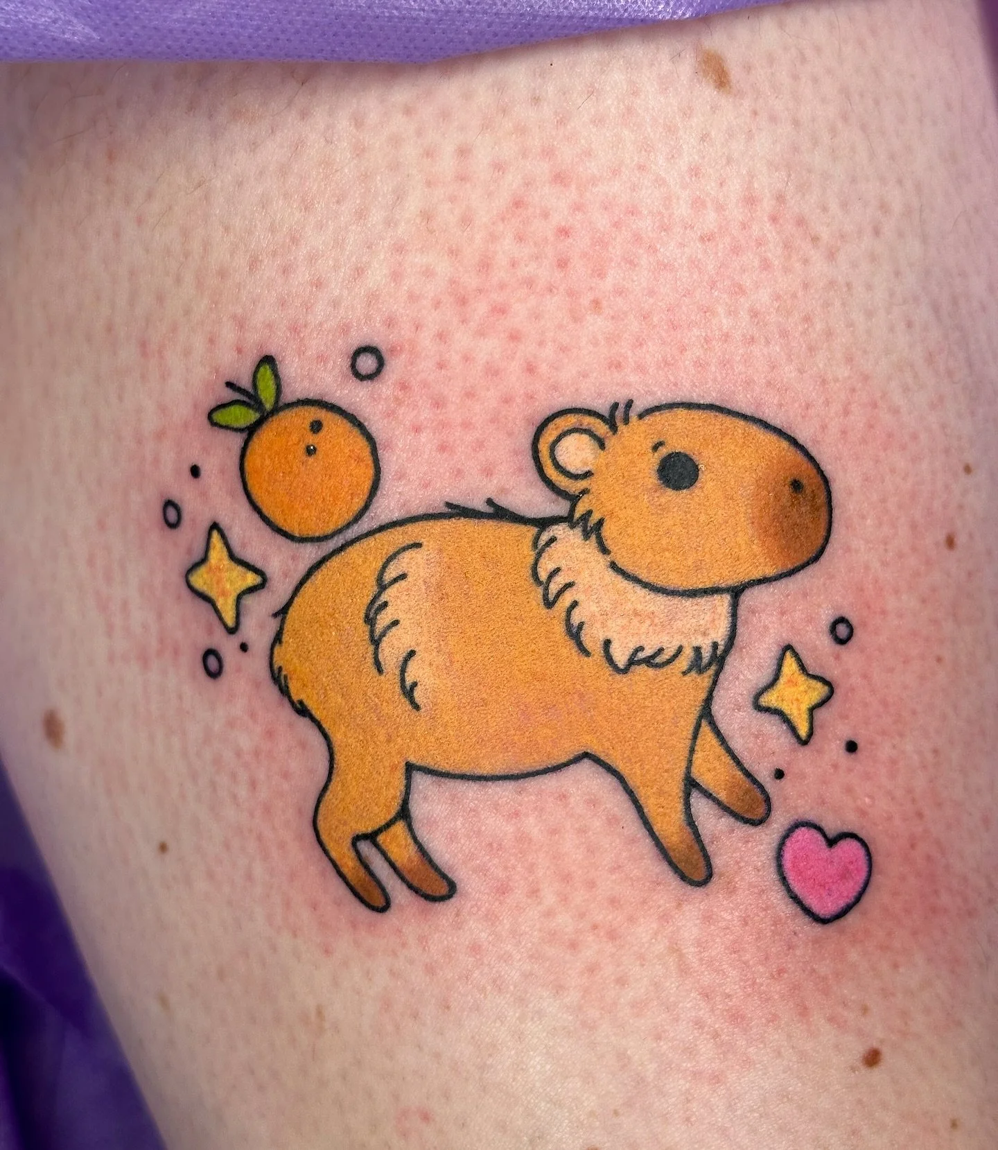Capybara tattoo 🧡 just a big water dog ! From my flash see more designs like this @bons.lagoon 
.
Booking form link in bio to book a tattoo ! I have a couple days in Oct I&rsquo;d love to fill 📍 Los Angeles / OC
.
#latattoo #capybaratattoo #animalt