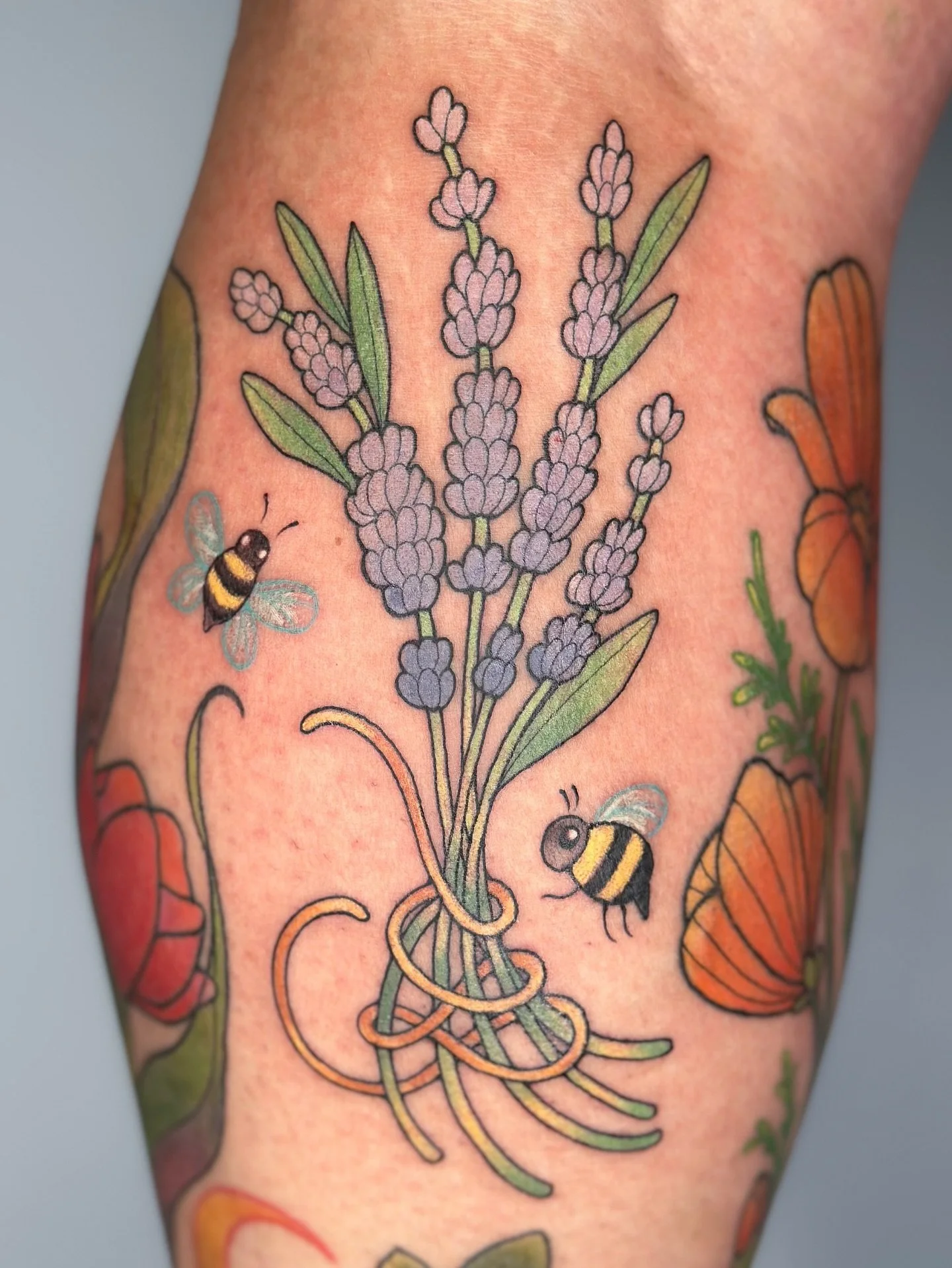 Lavender with bees surrounded by a lot of other nature themed pieces I&rsquo;ve done ! :3  it&rsquo;s so cool to see a sleeve be built up and come together , I think we&rsquo;ve been working on this for around a year ^^
.
Based on my flash design see