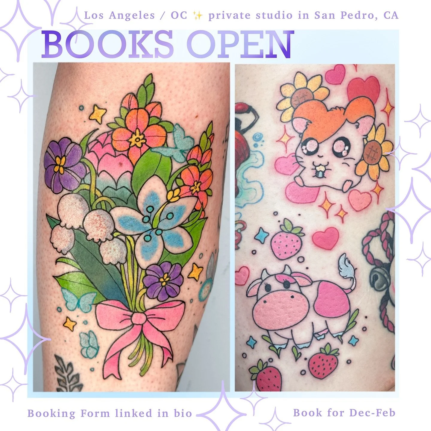 Book a tattoo for Dec - Feb ❤️ located in LA/OC areas ! See predrawn designs available to be claimed @bons.lagoon 
.
Tattoo booking form linked in bio! Or email me, dm for questions ✨
.
#latattoo #octattoo #anaheimtattoo #sandiegotattoo #kawaiitattoo