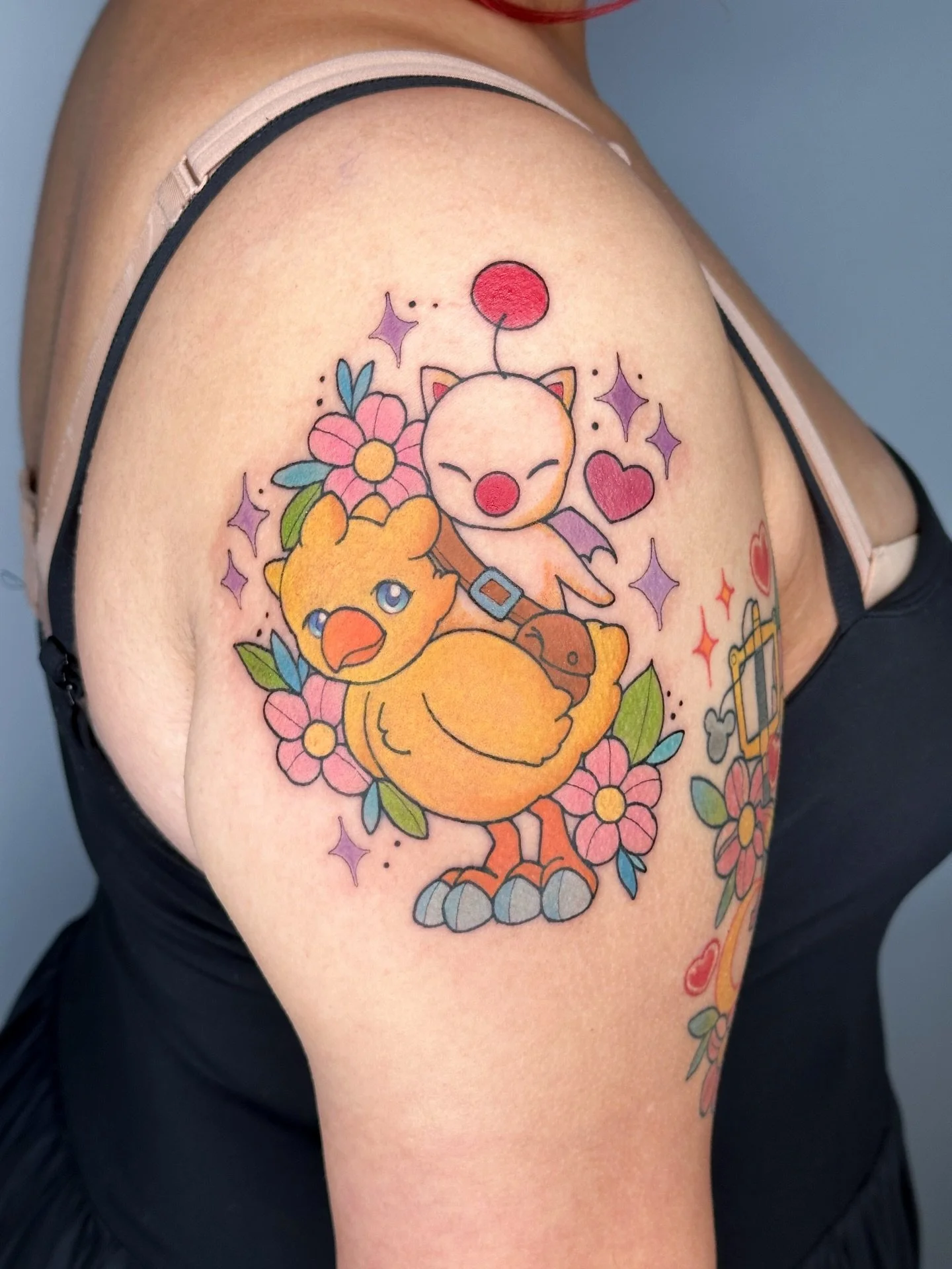 Sweet moogle riding a chocobo tattoo to continue adding on to my clients video game sleeve ! Do you have a favorite FF ? I love X 
.
Tattoo booking form linked in bio a few dates left in Feb I&rsquo;d love to fill 💖 see available flash @bons.lagoon 