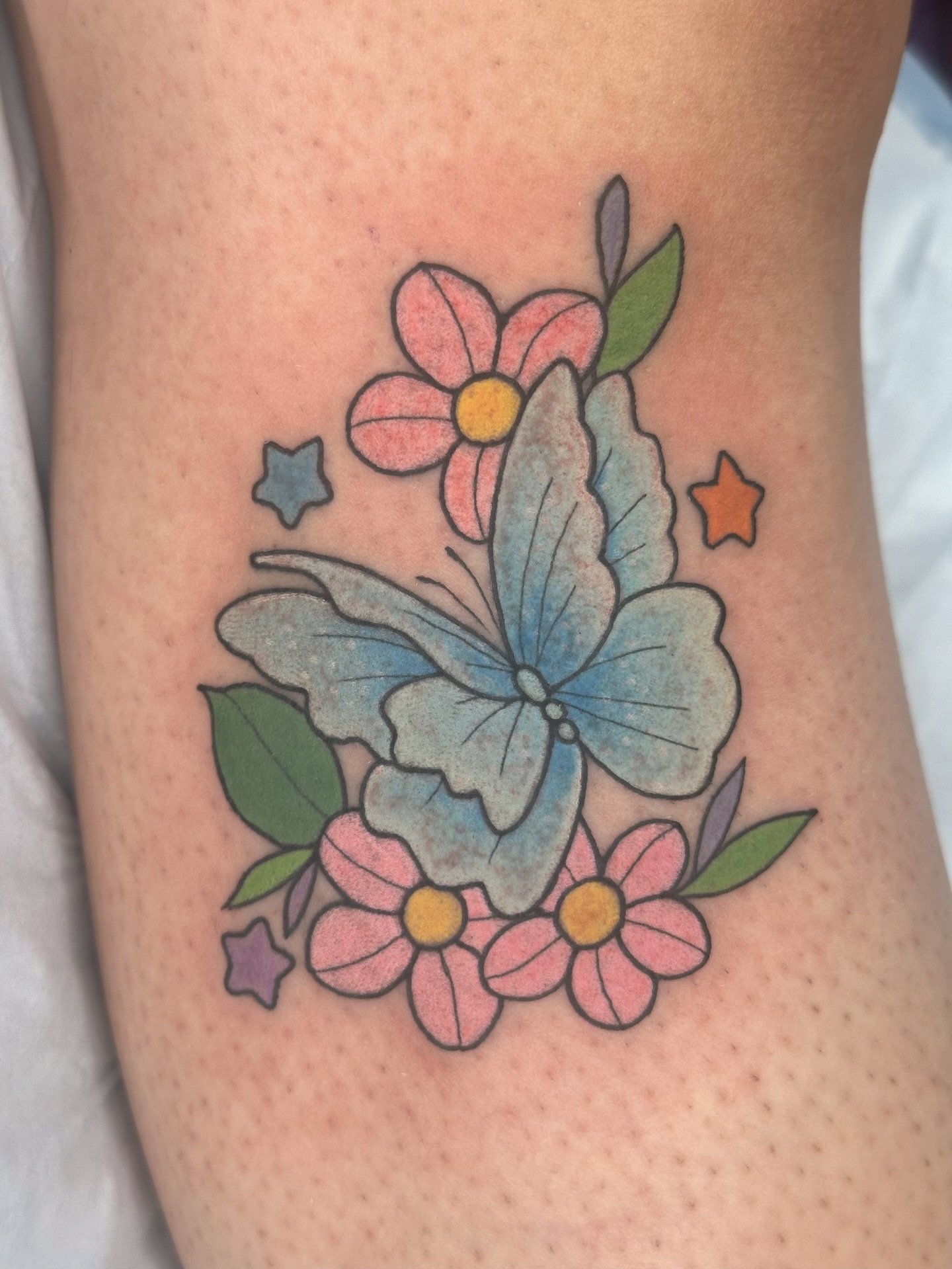 Winter butterfly tattoo from my flash ! See more designs @bons.lagoon 
.
Tattoo booking form linked in bio! Booking March 💖
.
#butterflytattoos #kawaiitattoo #bugtattoo #naturetattoo #colortattoos blue winter butterfly tattoo