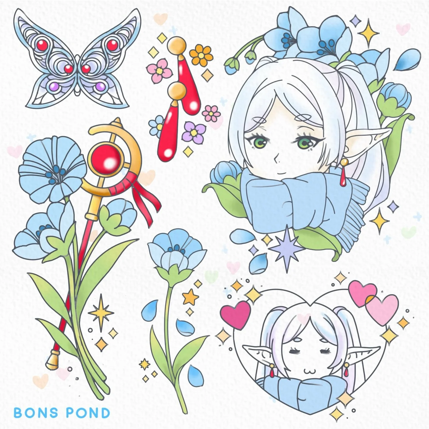 Frieren tattoo designs available! Who&rsquo;s keeping up with the second season ? 🦋 frieren flower portrait would be great somewhere larger like thigh, calf or upper arm! Inquire for black and gray or touch of color as well :3
.
Tattoo booking form 