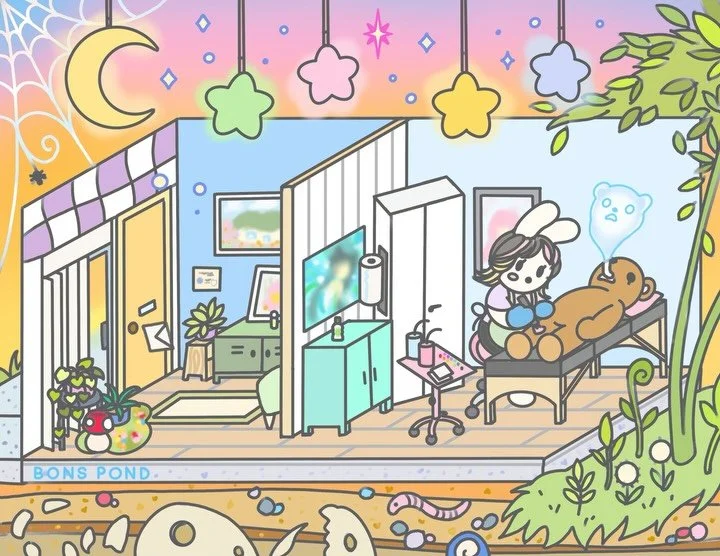 I heard there was a trend of tattoo artists posting cartoon versions of themselves tattooing >.<
.
I feel like I never take good photos of my private studio space so I drew it to give people and ideas of what it&rsquo;s like to get tattooed by 