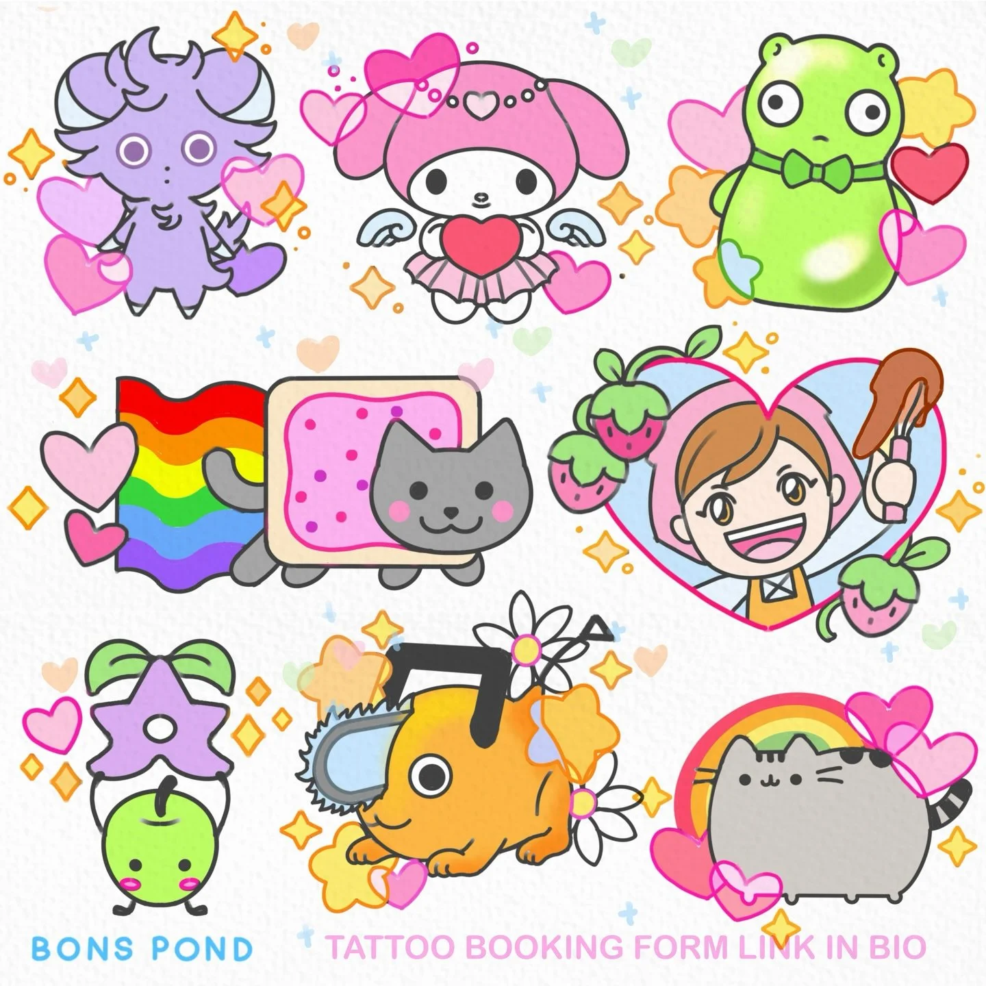 Little guy time (+cooking mama) Available for tattoos! 📍 Los Angeles/OC 
.
Tattoo booking form linked in bio ! See more designs @bons.lagoon booking for April-May 
.
#nyancat #videogametattoo #kawaiitattoo #tattooflash cute colorful Sanrio pusheen s