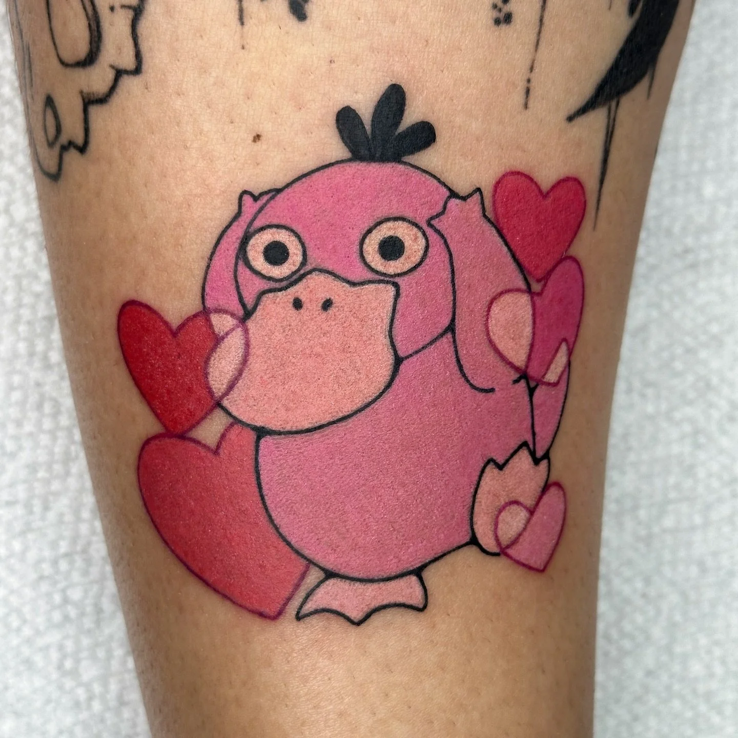 I have a headache 😵&zwj;💫
.
Books open for May! Link in bio to book
.
See more flash designs @bons.lagoon 
.
#pokemon #pokemontattoo #pokemonfanart #pokemonfan #psyduck psyduck pink color pokemon anime tattoo