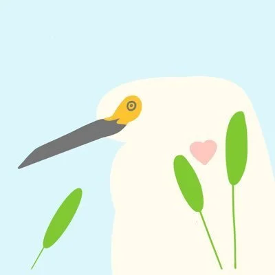 A cartoon illustration of a stork with a heart-shaped pink patch on its chest, surrounded by green plants against a light blue background.