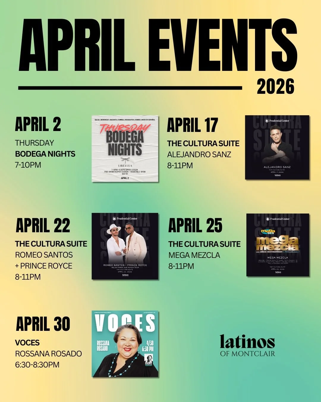 🌟 𝗔𝗣𝗥𝗜𝗟 𝗟𝗜𝗡𝗘-𝗨𝗣 𝗜𝗦 𝗛𝗘𝗥𝗘 🌟

🎤 APR 17 &mdash; THE CULTURA SUITE
𝗔𝗟𝗘𝗝𝗔𝗡𝗗𝗥𝗢 𝗦𝗔𝗡𝗭 
Prudential Center | 8&ndash;11 PM 
Our private suite experience is back. Alejandro Sanz live.

🎤 APR 22 &mdash; THE CULTURA SUITE
𝗥𝗢𝗠𝗘