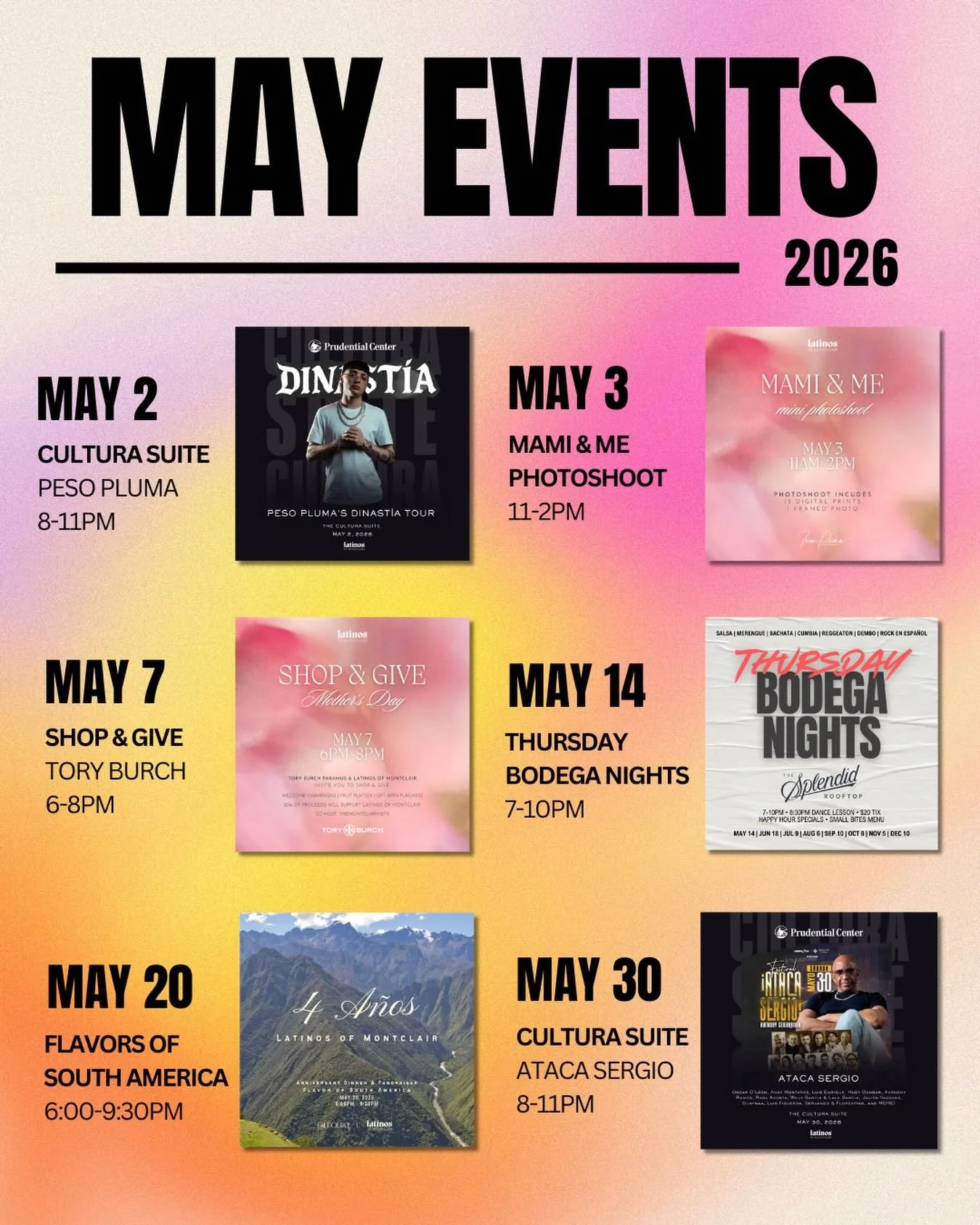 🌸 𝗠𝗔𝗬 𝗜𝗦 𝗛𝗘𝗥𝗘 🌸
&zwnj;
𝐋𝐚𝐭𝐢𝐧𝐨𝐬 𝐨𝐟 𝐌𝐨𝐧𝐭𝐜𝐥𝐚𝐢𝐫 is turning 𝟒 this month and we&rsquo;re celebrating all month long. From rooftop dance floors to Mother&rsquo;s Day moments to honoring the Flavors of South America, there&rsqu