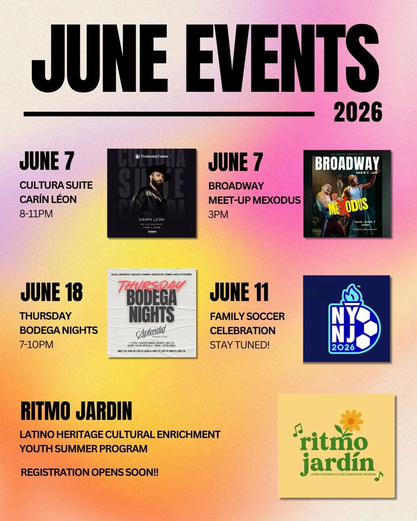 ☀️ 𝗝𝗨𝗡𝗘 𝗘𝗩𝗘𝗡𝗧𝗦 𝗔𝗥𝗘 𝗛𝗘𝗥𝗘 ☀️

𝗟𝗮𝘁𝗶𝗻𝗼𝘀 𝗼𝗳 𝗠𝗼𝗻𝘁𝗰𝗹𝗮𝗶𝗿 is bringing community moments all month long. Mark your calendars 📅

🎤 𝙹𝚄𝙽𝙴 𝟽 &mdash; 𝗖𝘂𝗹𝘁𝘂𝗿𝗮 𝗦𝘂𝗶𝘁𝗲: 𝗖𝗮𝗿&iacute;𝗻 𝗟𝗲&oacute;𝗻 &middot; 8&nda