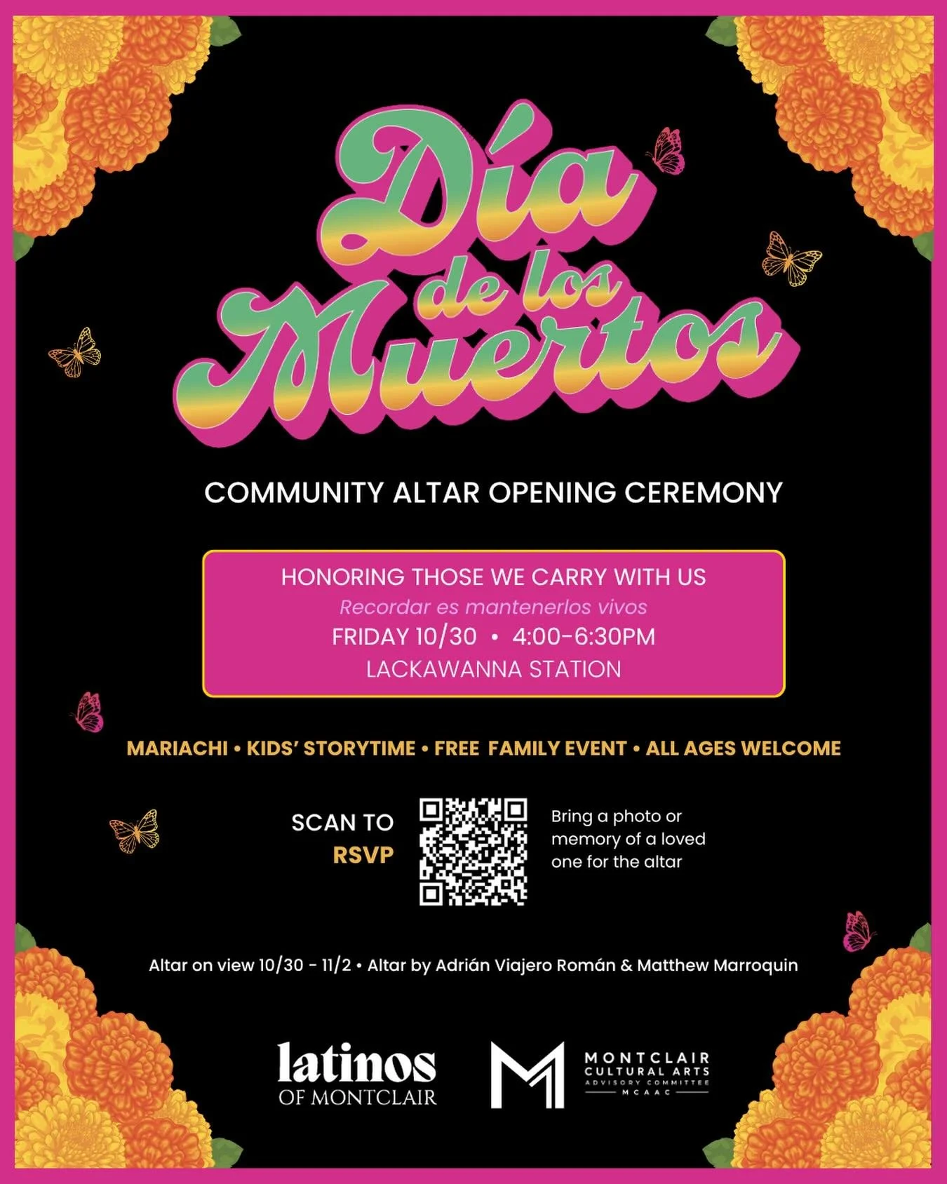 🏵️ 𝐃𝐈𝐀 𝐃𝐄 𝐋𝐎𝐒 𝐌𝐔𝐄𝐑𝐓𝐎𝐒 🏵️
&zwnj;
This 𝗗&iacute;𝗮 𝗱𝗲 𝗹𝗼𝘀 𝗠𝘂𝗲𝗿𝘁𝗼𝘀, 𝗟𝗮𝘁𝗶𝗻𝗼𝘀 𝗼𝗳 𝗠𝗼𝗻𝘁𝗰𝗹𝗮𝗶𝗿 invites the whole community to remember and celebrate our loved ones at a public ofrenda at 𝗟𝗮𝗰𝗸𝗮𝘄𝗮𝗻𝗻𝗮 𝗦?