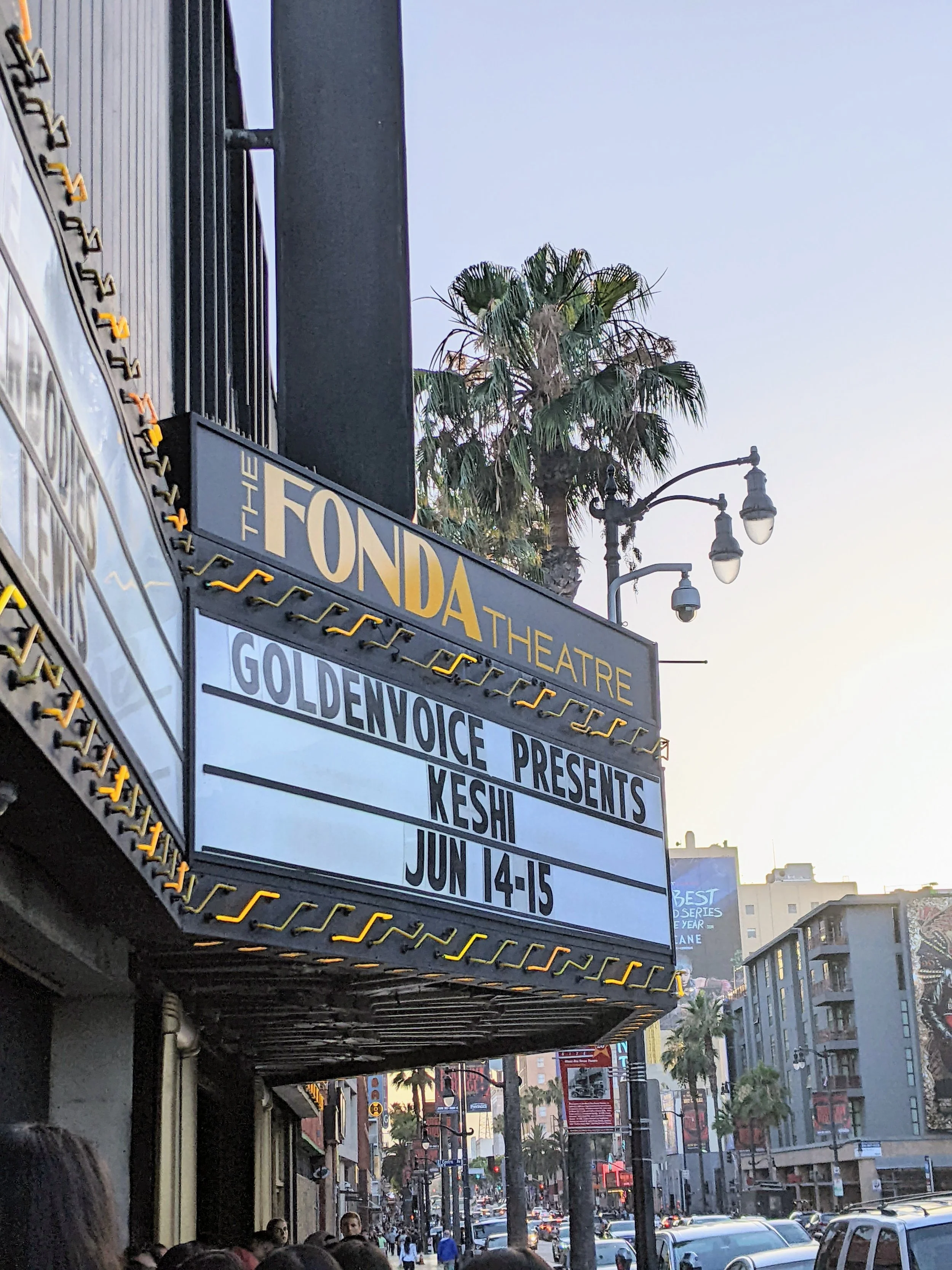 Photo of Los Angeles Fonda Theatre marquee announcing keshi's two shows on June 14 and 15, 2022. Concert review and coverage by Melophile Media.
