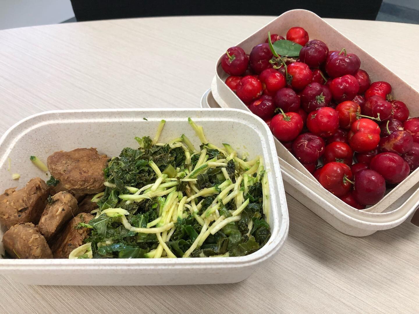 My husband is very good at experimenting with our home grown produce. Todays lunch is shredded pumkini (cross between a zucchini and pumpkin) with seared kale in a soy and garlic dressing. Served with some meatless balls.  Acerola cherries for desser