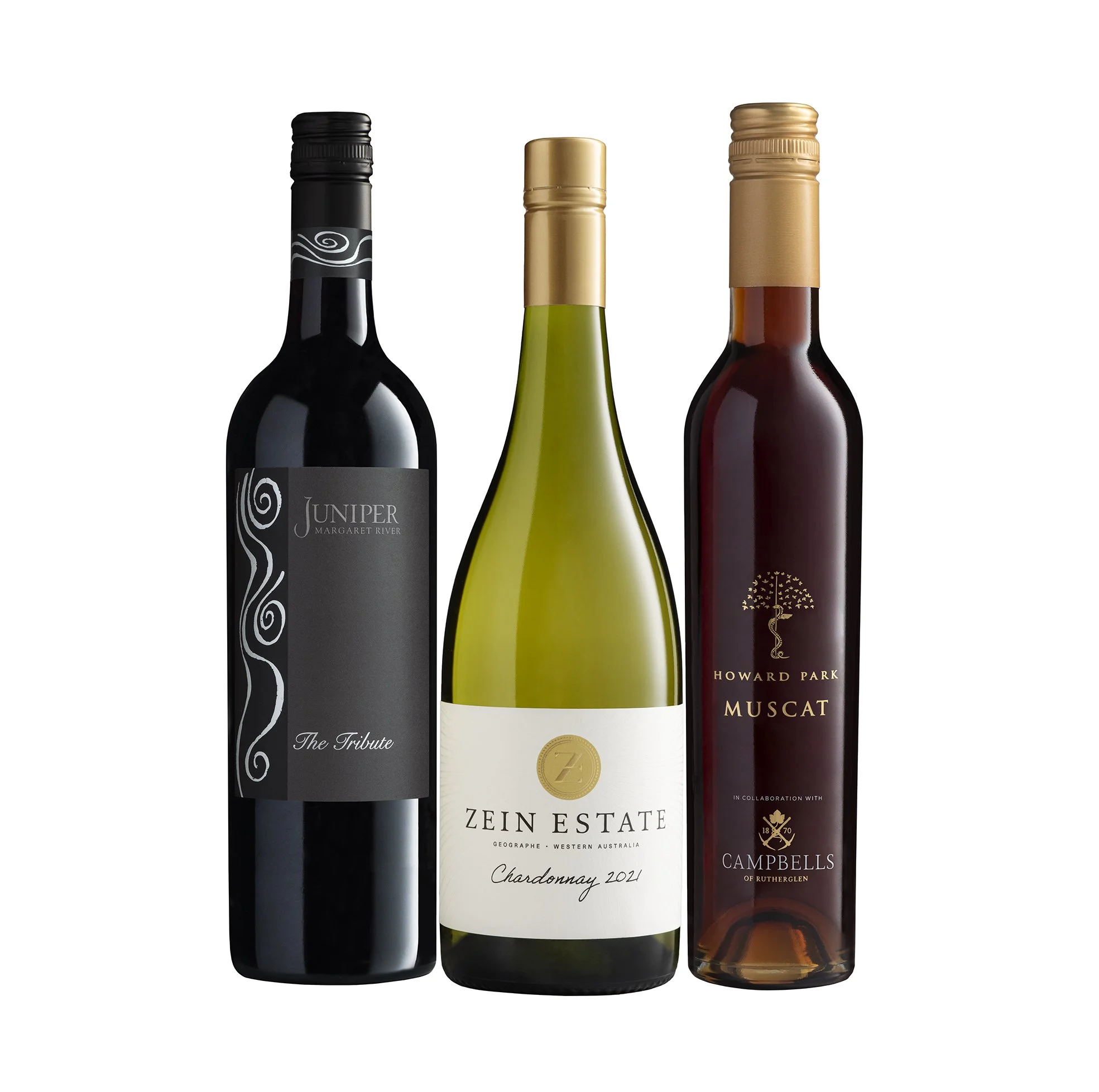 Three bottles on wine on a white background.