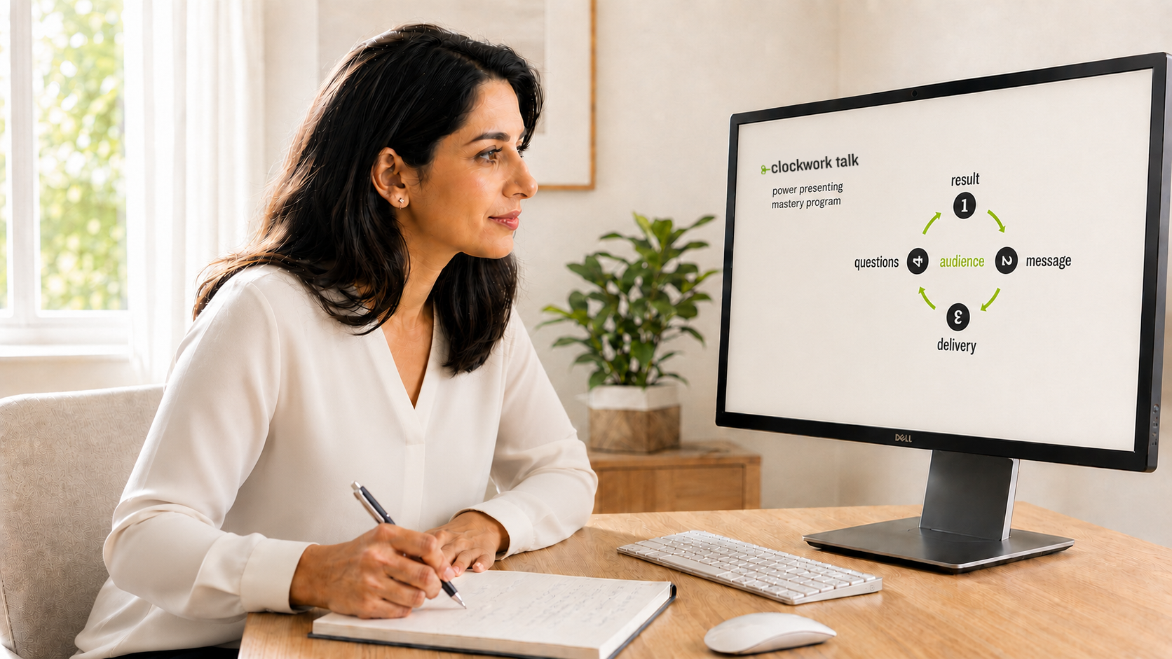 A woman sitting at a desk in an office, looking at a computer monitor displaying a diagram about the clockwork talk four gears process