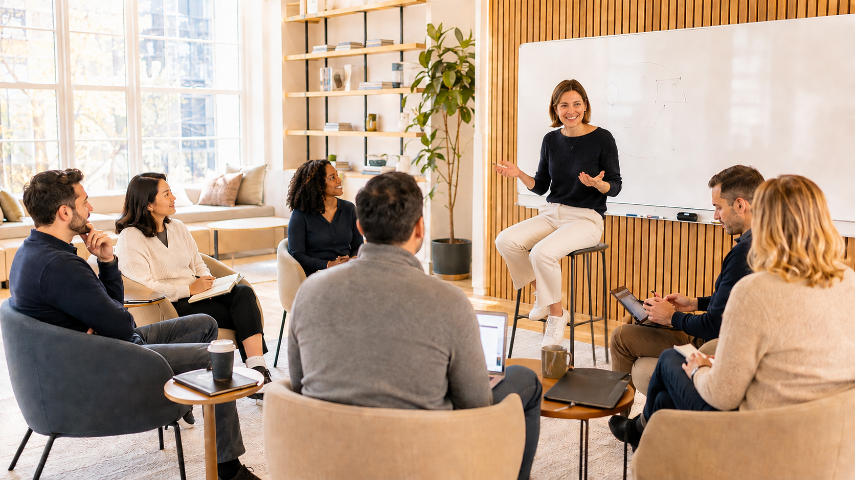 A woman is giving a presentation to a diverse group of people in a bright, modern conference room with large windows, a whiteboard, and a wooden accent wall.