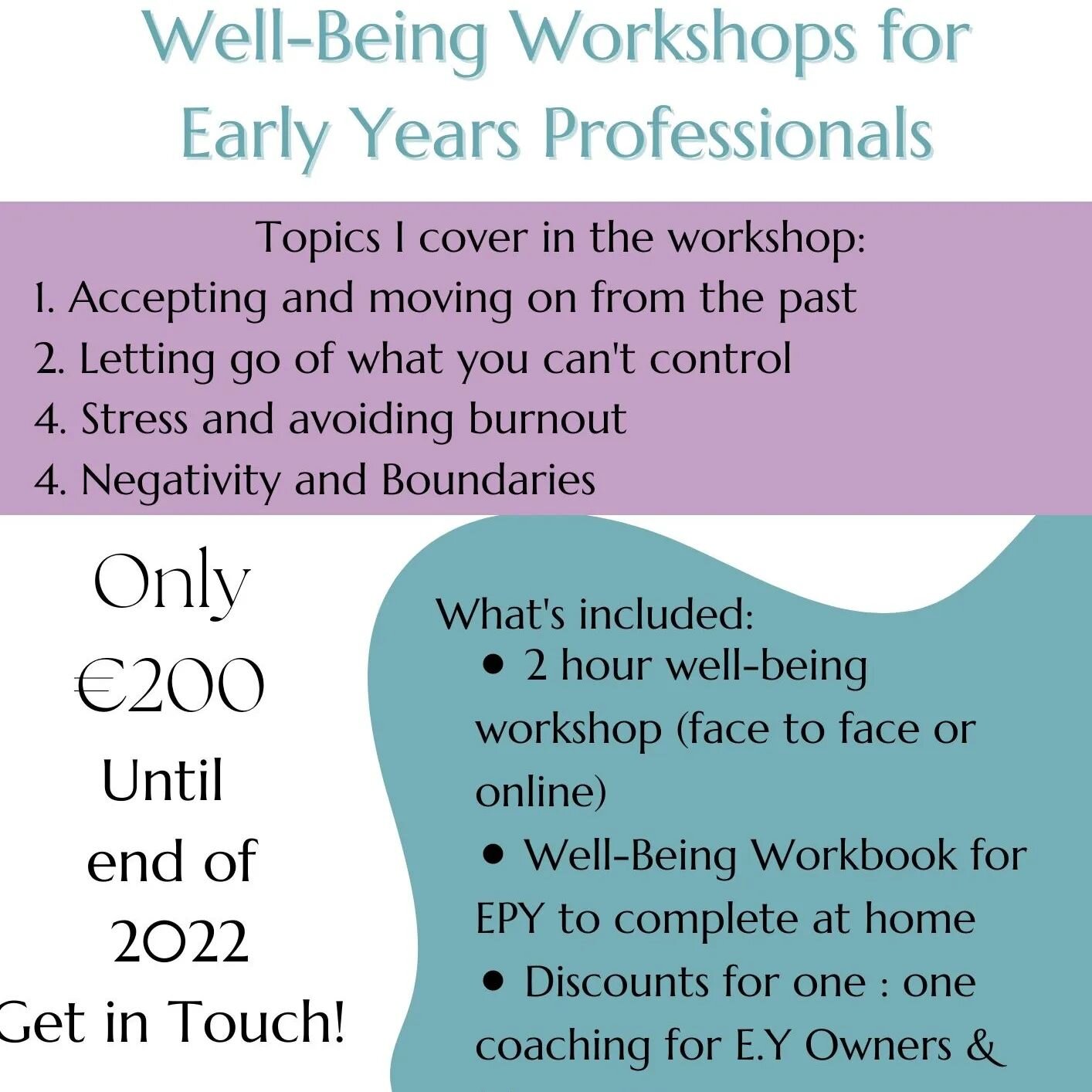 I have delivered a number of Well-being workshops to early years services with Barnardos Ireland and the feedback has been excellent.

The goal of the workshop is to

 ⚫ support owners, managers, educators, assistants etc to feel valued for the incre