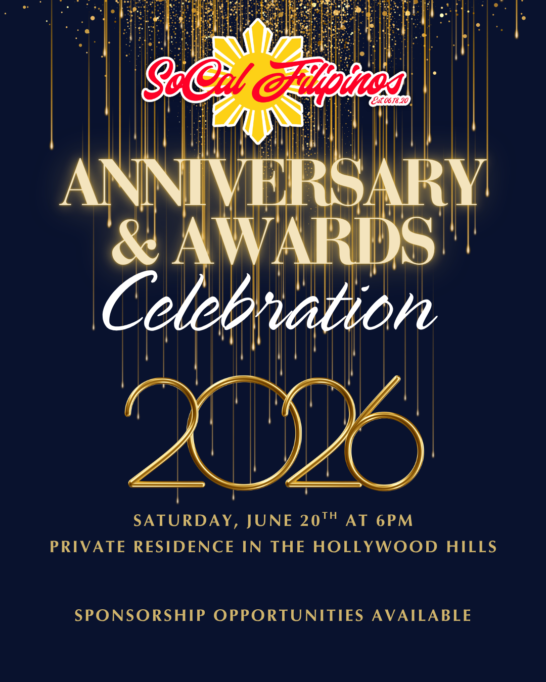 Elegant dark blue background with gold and white text celebrating the SoCal Filipinos anniversary and awards event on June 20, 2020, at 6 PM, at a private residence in Hollywood Hills, with sponsorship opportunities available.
