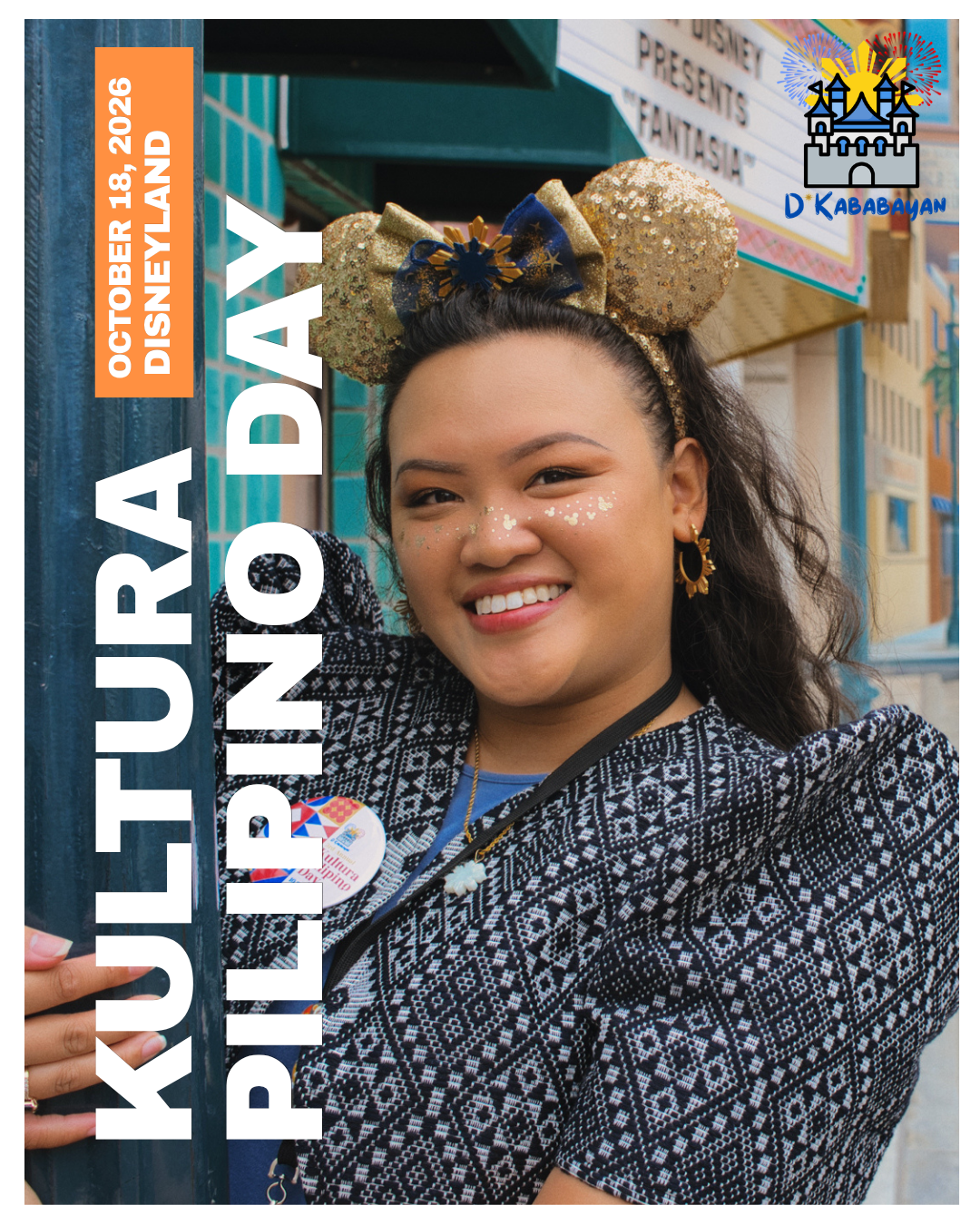 A young woman at Disneyland wearing Mickey Mouse ears, a patterned jacket, and a Disney button. She is smiling, with glitter on her face, and standing in front of a colorful building with a sign that reads 'Disney Presents Fantasia'.