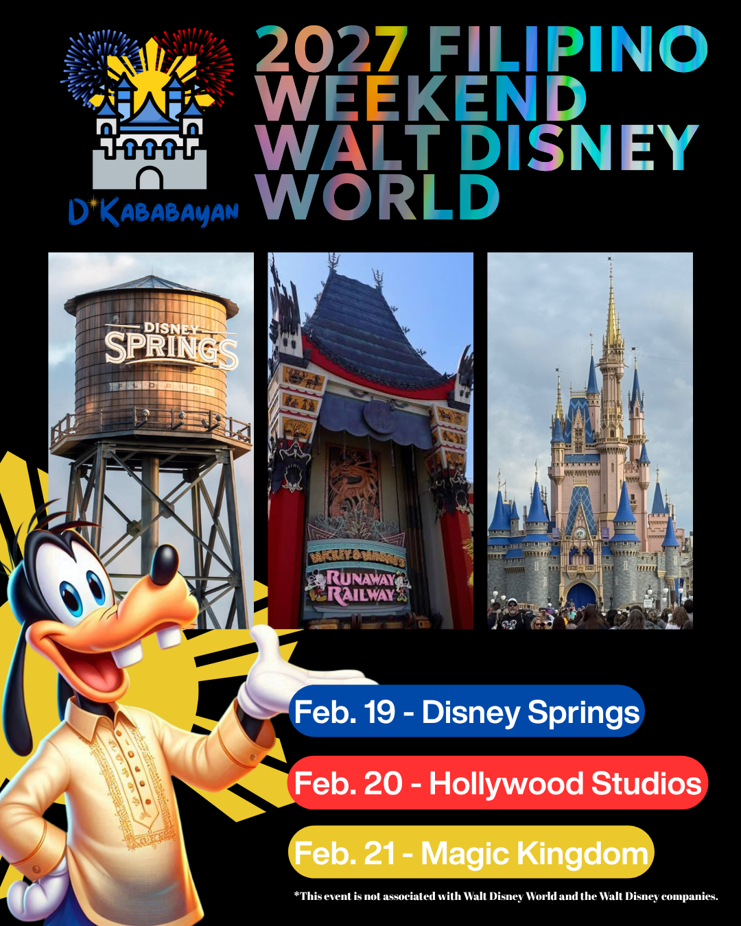 Poster for the 2023 Filipino Weekend at Walt Disney World, featuring a Disneyland castle, fireworks, and Mickey Mouse in the lower left, with event dates and locations for Disney Springs, Hollywood Studios, and Magic Kingdom.