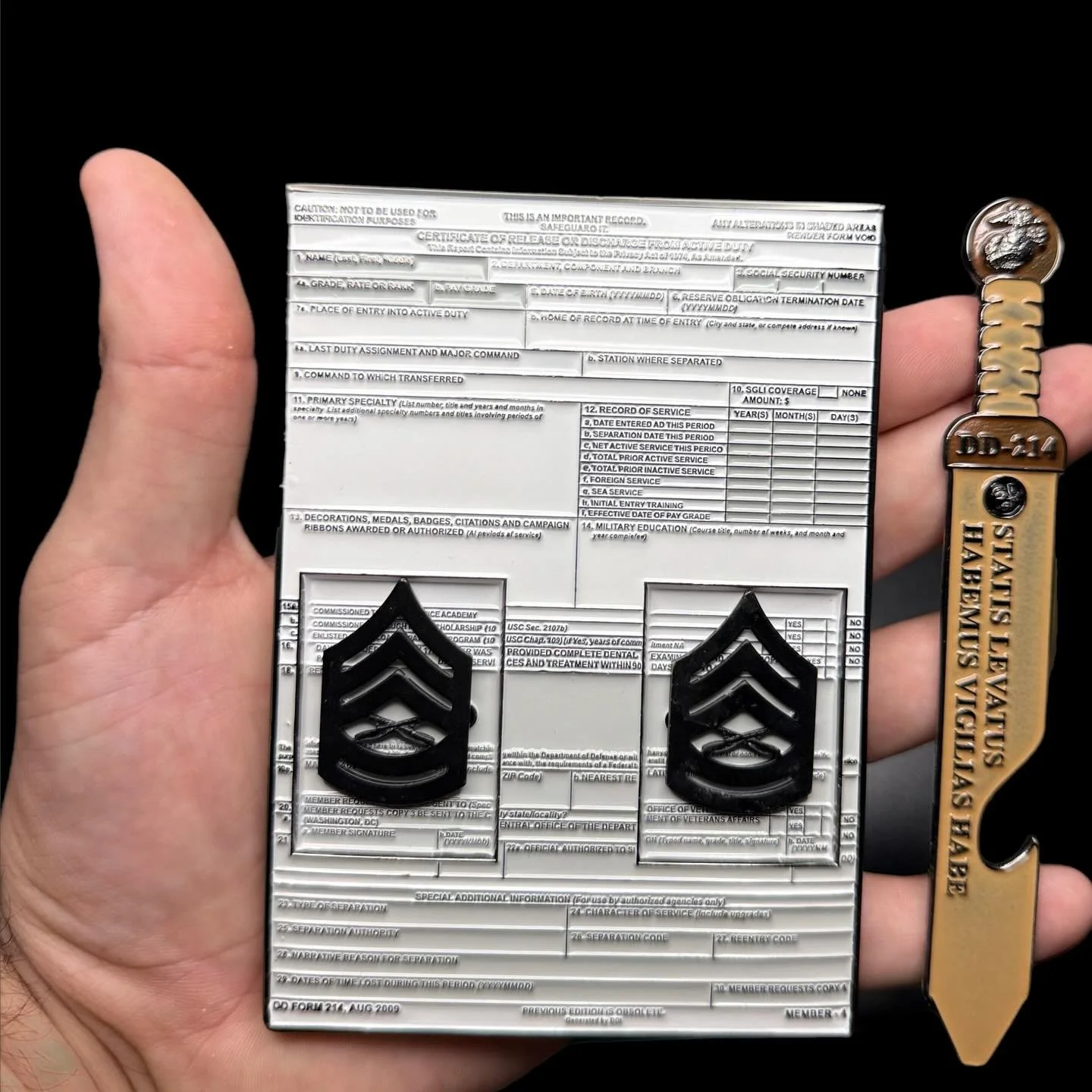 This project has been 10+ weeks and counting but it&rsquo;s finally here. The DD214 CRE (Crayon Ready to Eat) coin has arrived. This baby is 5inches tall weights 1.4lbs and has a removable sword/crayon that will open the tastiest beverages. On top of