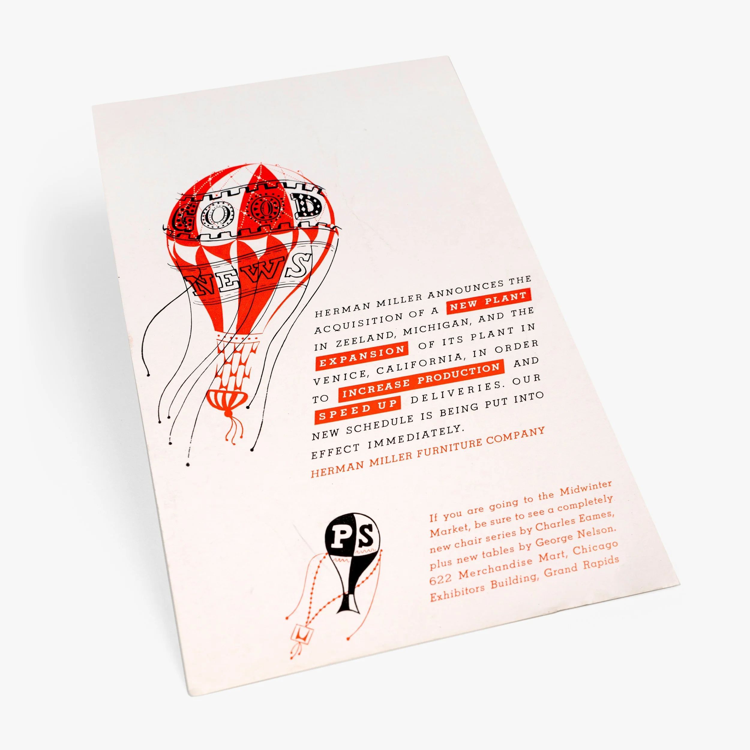 Eames/Herman Miller ,"New Plant Expansion" News Card, 1950s