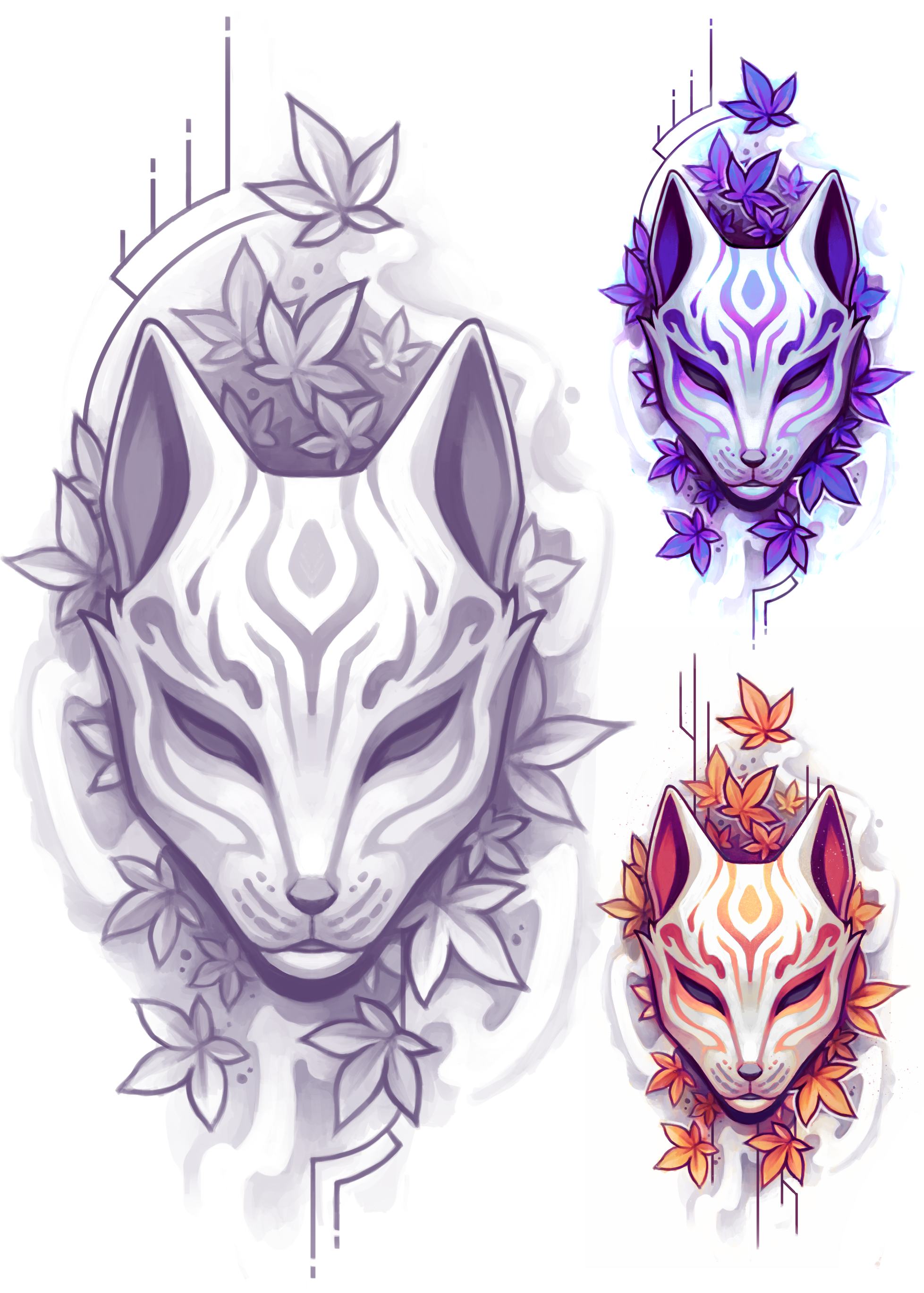 #166 Kitsune Maske
Linien und Blätter können an Körperstelle angepasst werden. schwaz-weiß oder farbig.