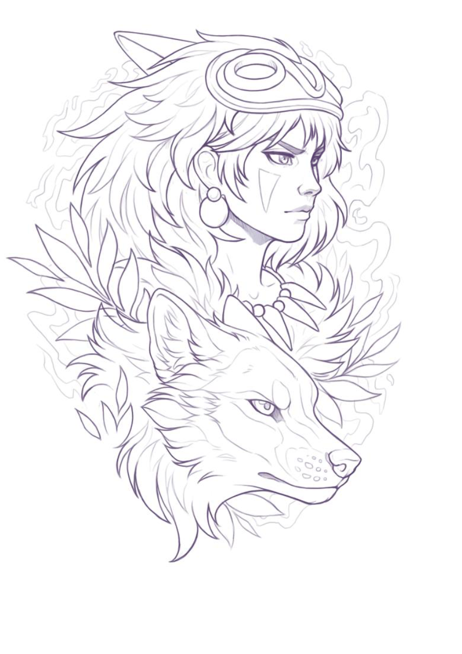 #170 Mononoke & Wolf - schwarzweiß oder farbig - Oberarm oder Oberschenkel, möglichst groß