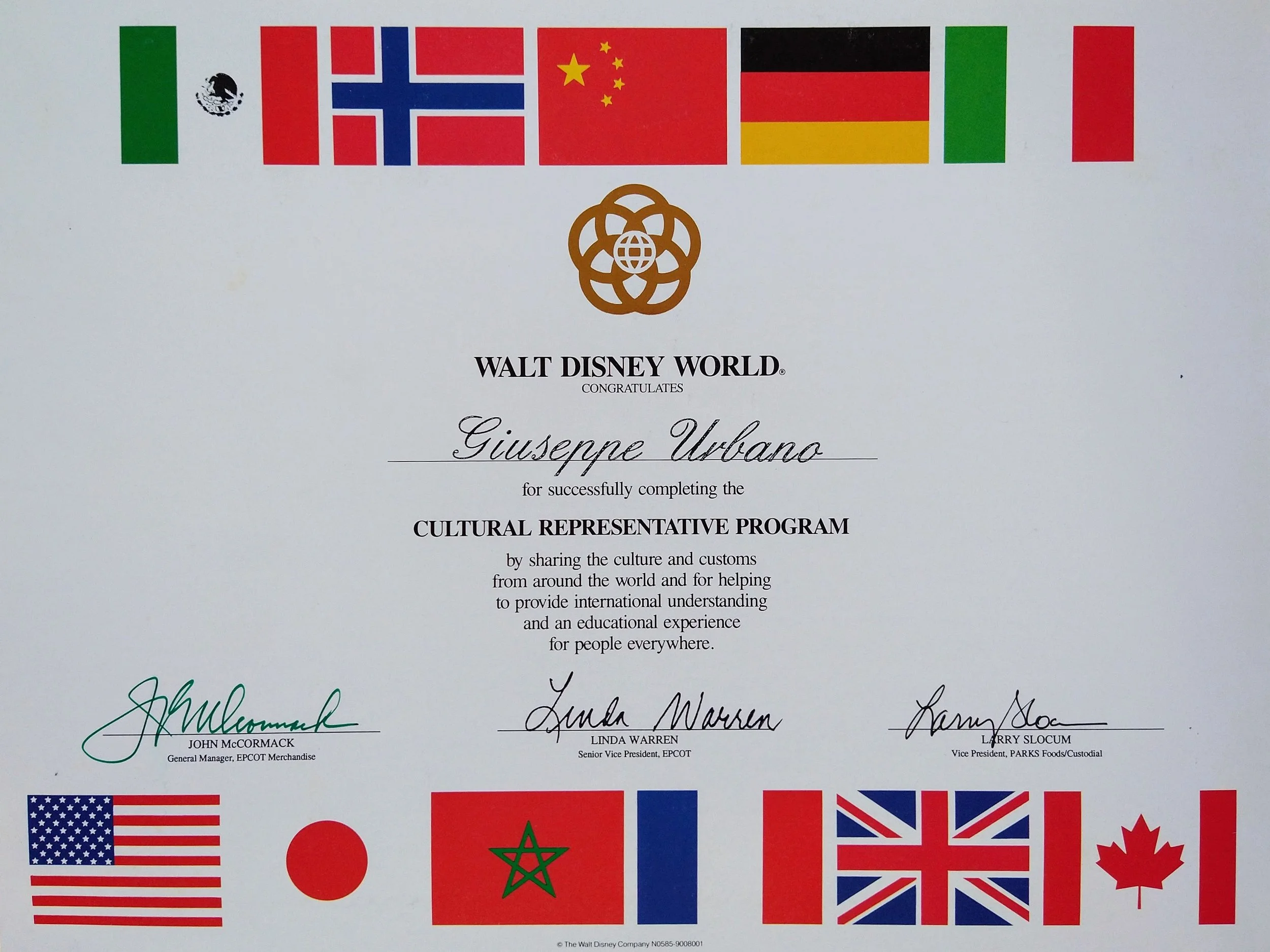 Executive Chef Giuseppe Urbano one year certificate of completion of the cultural exchange program from Walt Disney World, Florida