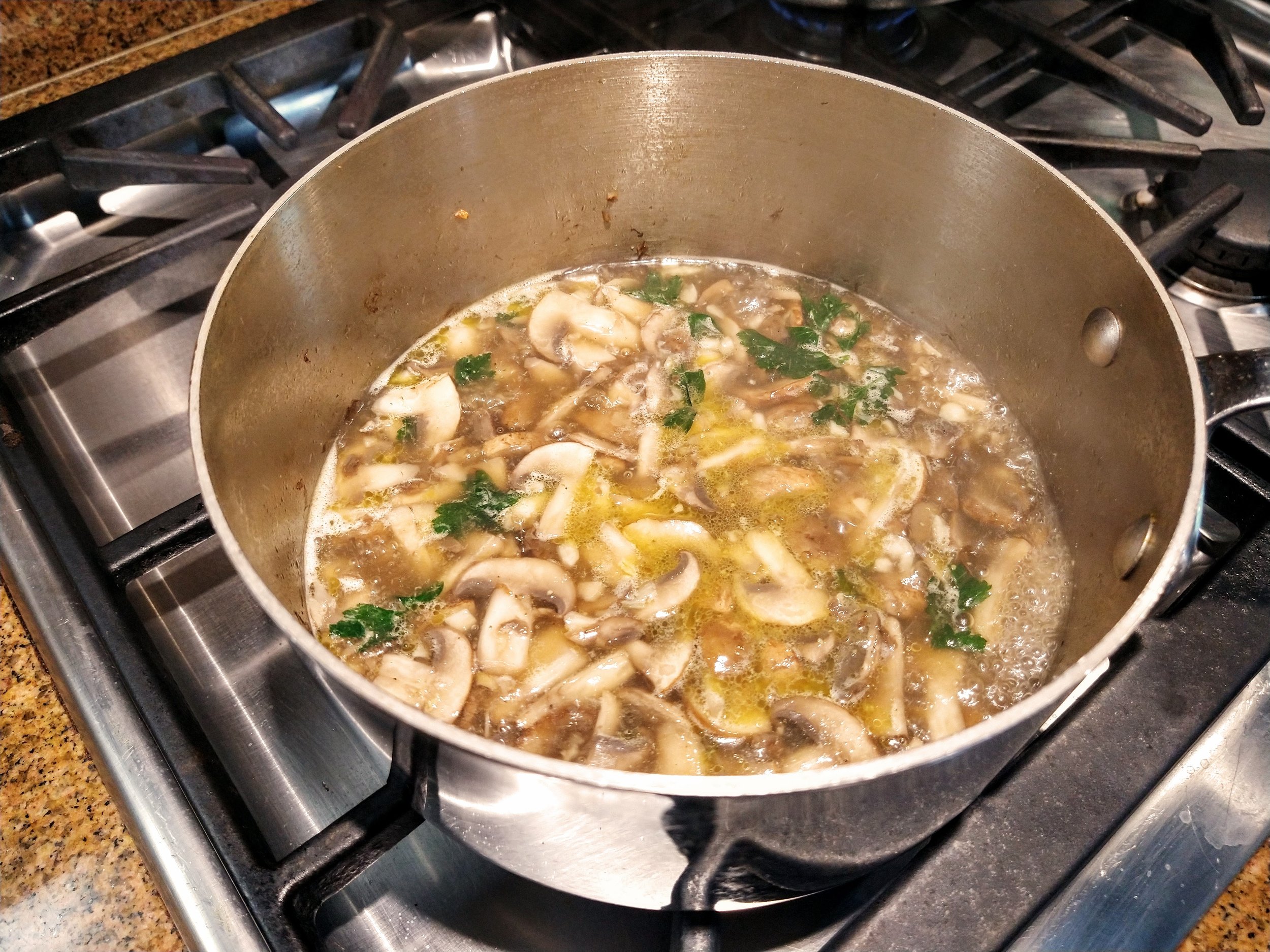 simmer ingredients for the Cremini Mushroom and Parsley soup for the mediterranean diet recipe