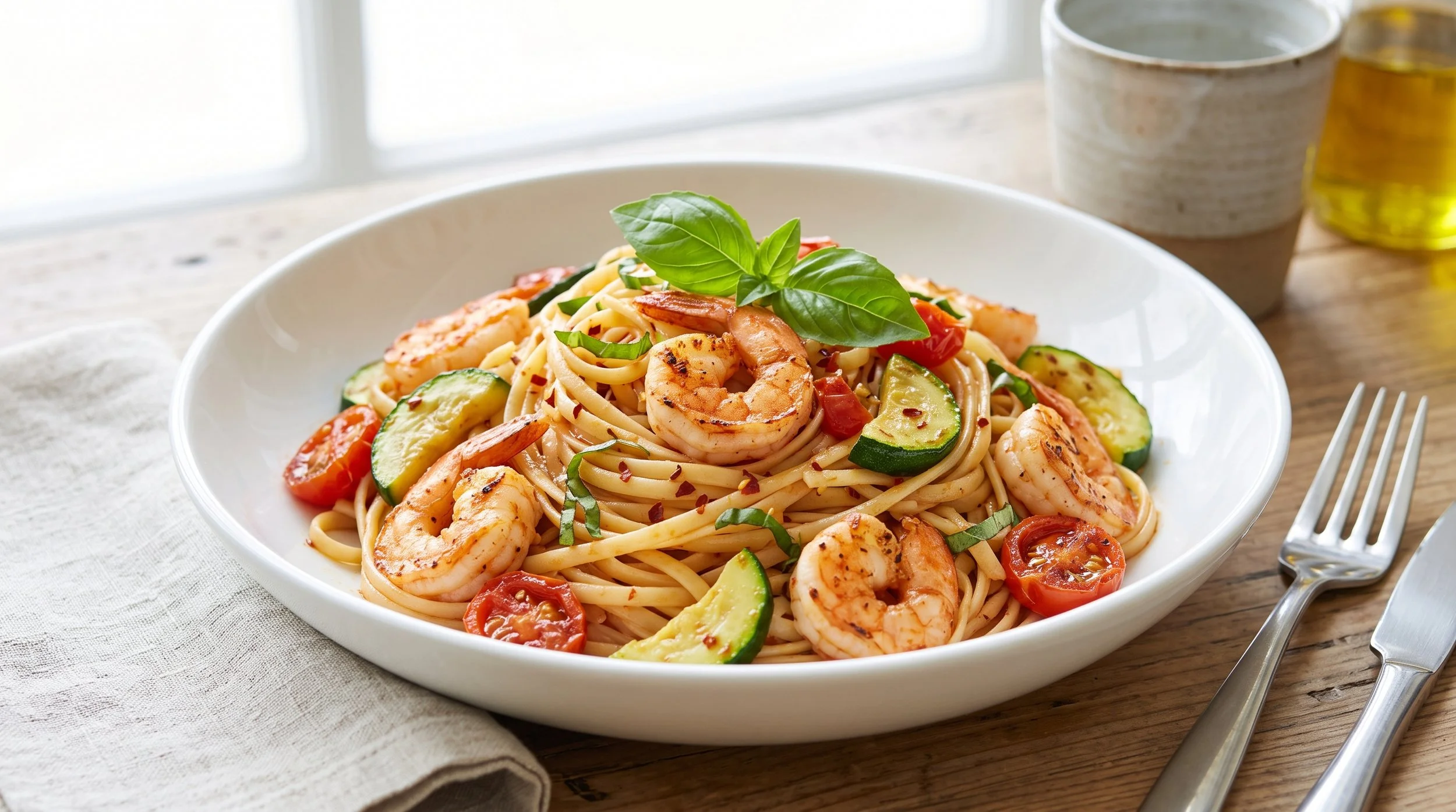 Linguine Pasta Shrimp Fra-Diavola with Zucchini