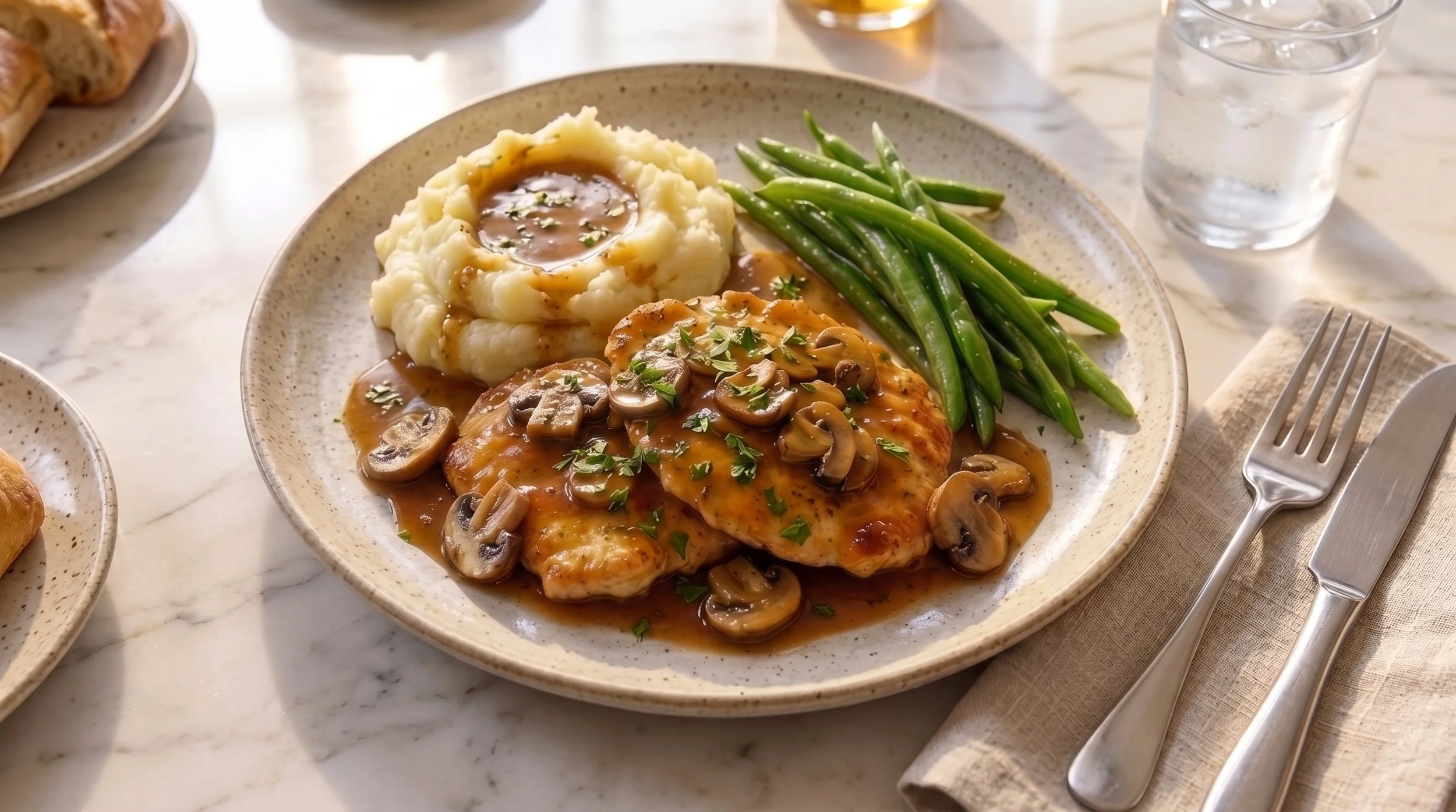 Chicken Breast Scaloppine Marsala with Mashed Potatoes and Garlic Green Beans