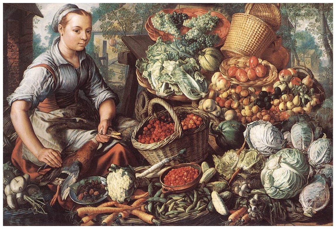 Illustration representing traditional fruits, vegetables, and foods commonly consumed during the Middle Ages in the Mediterranean region.