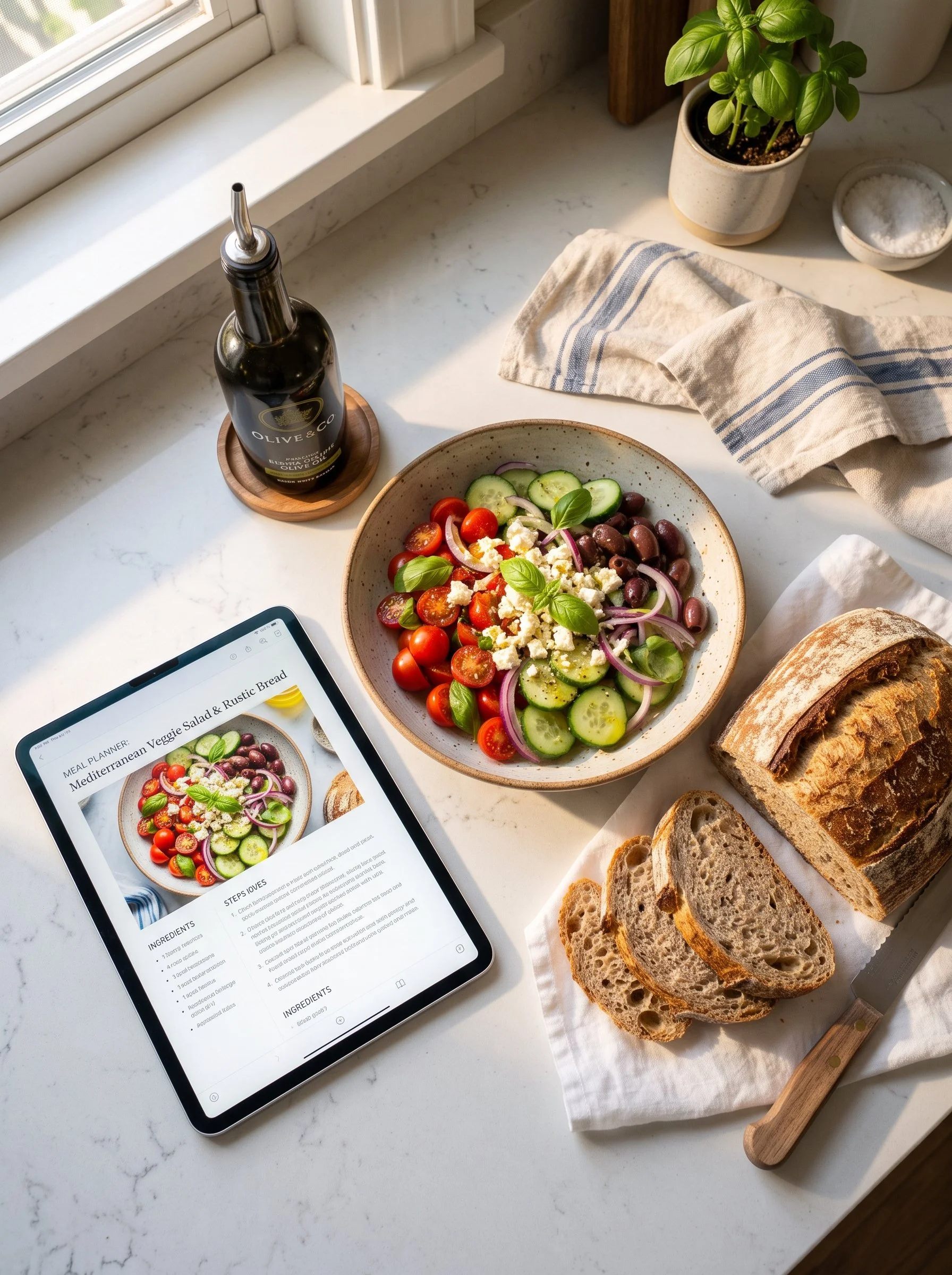 Top-down flat lay of a modern kitchen counter featuring a digital tablet displaying the Meals For Longevity meal plan, a rustic loaf of sliced whole-grain bread, a bottle of extra virgin olive oil, and a vibrant Mediterranean salad.