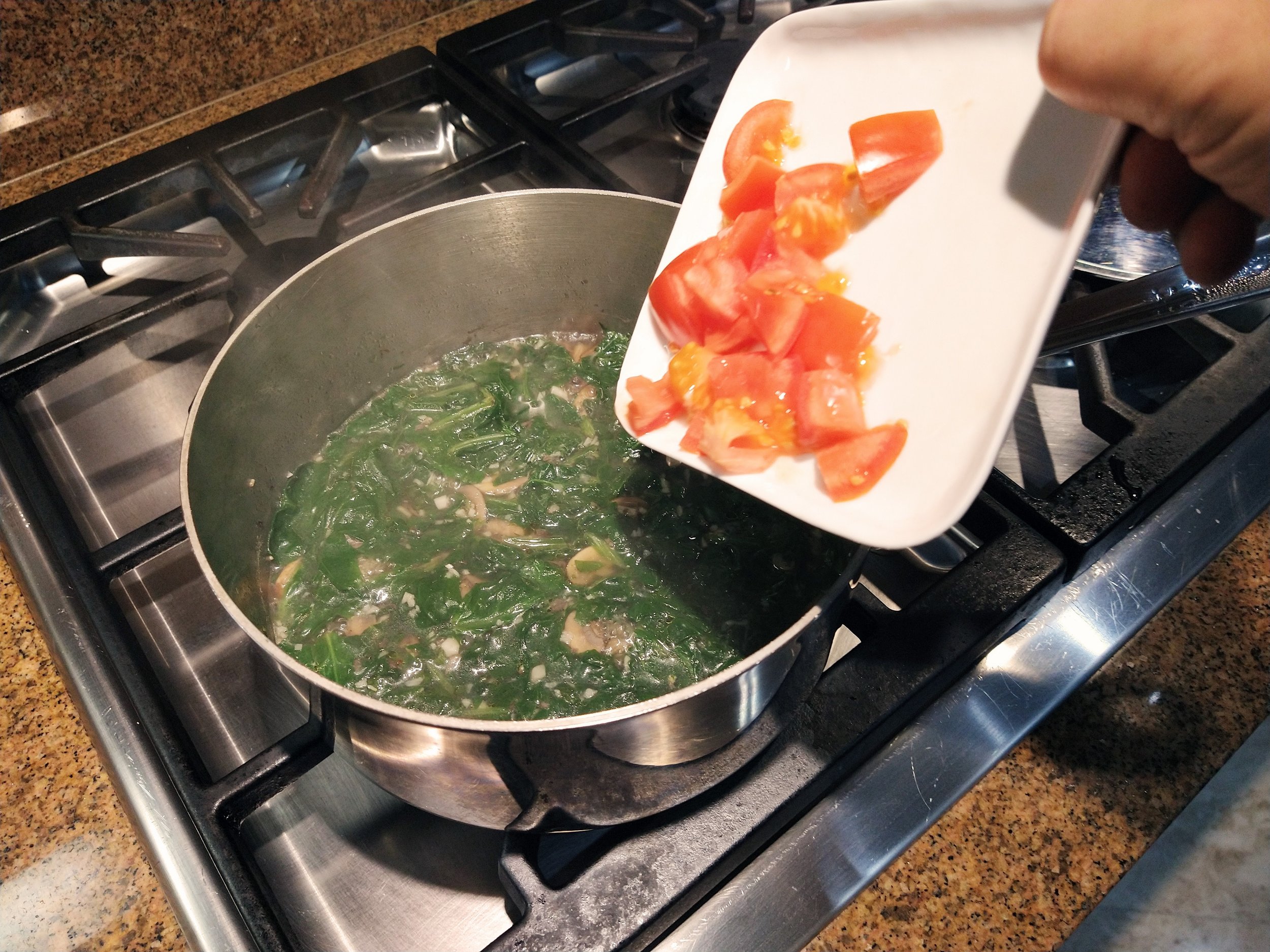 Add tomatoes to the Mushroom and Spinach Soup for the Mediterranean Diet recipe