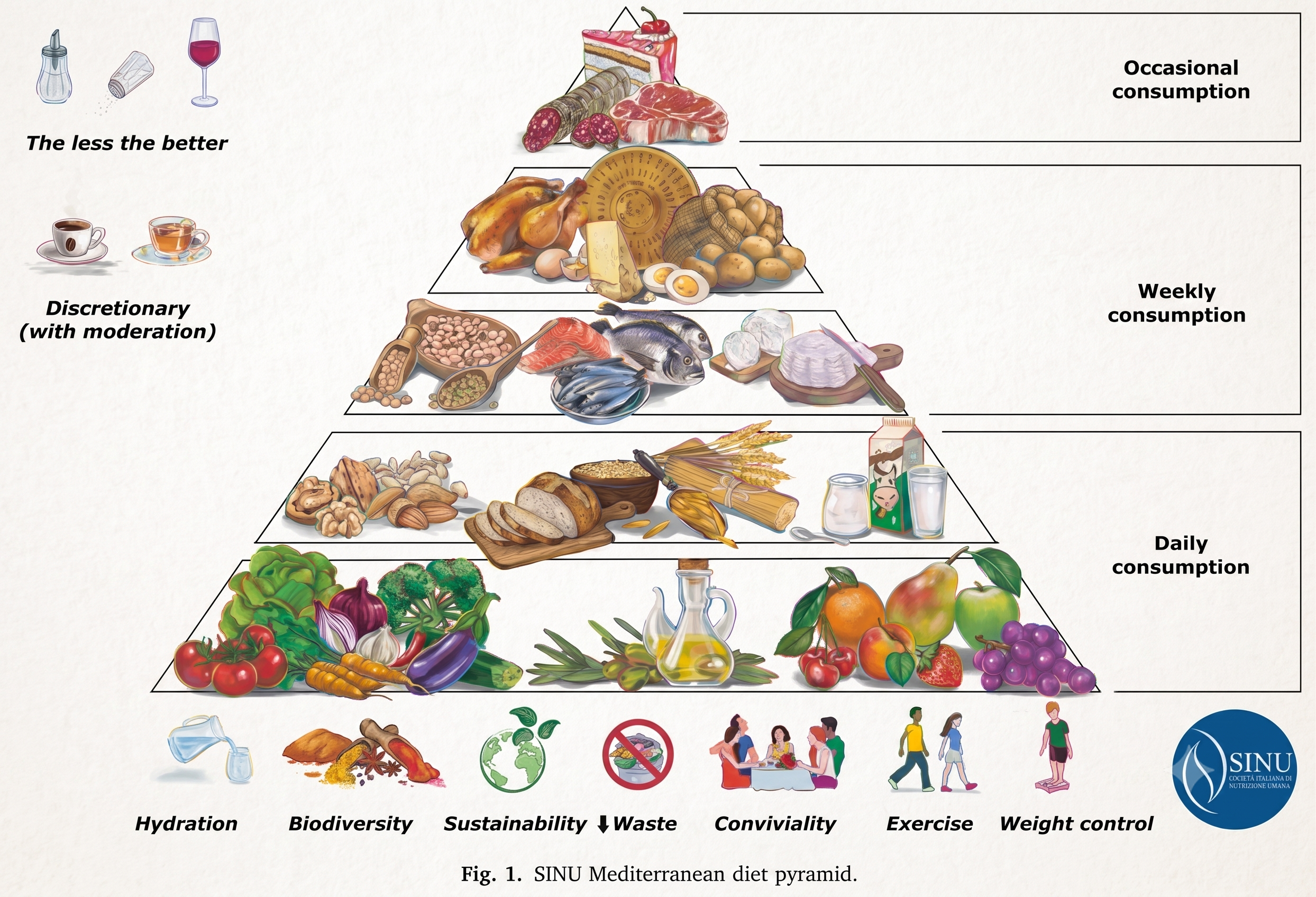 The 2025 New Modern Mediterranean Diet Pyramid developed by Meals For Longevity, integrating the latest Mediterranean nutrition science, sustainability principles, and modern dietary guidelines.