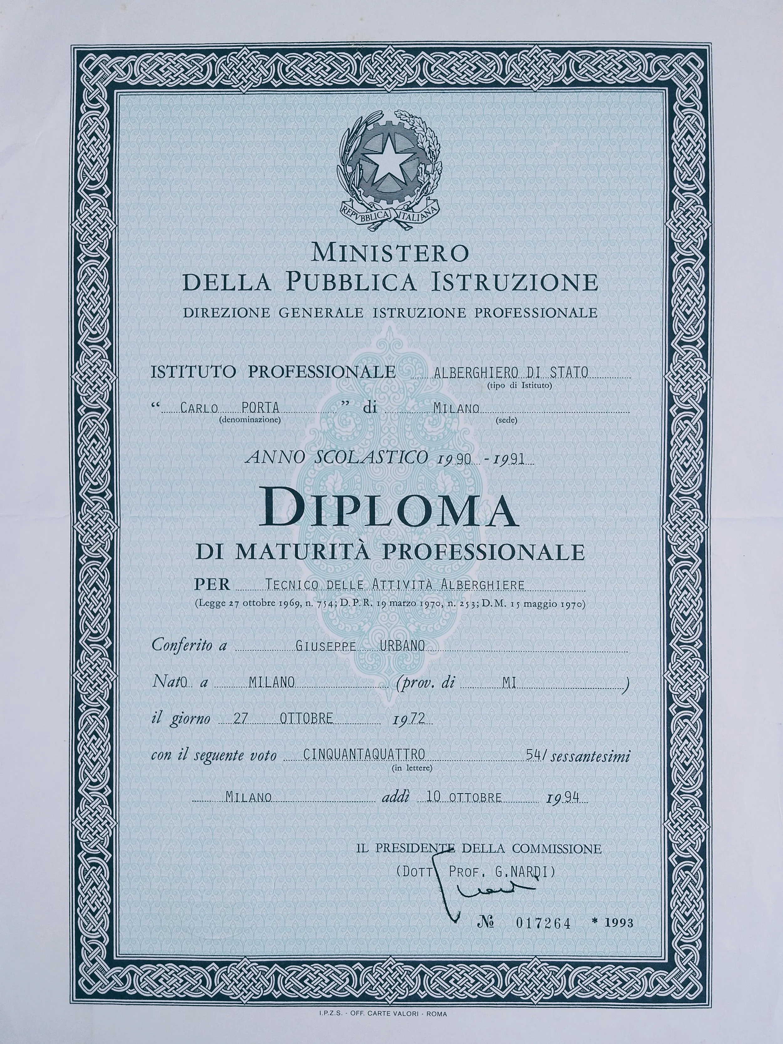 Executive Chef Giuseppe Urbano a three-year certificate of completion in culinary arts from Milan, Italy's Carlo Porta culinary institute
