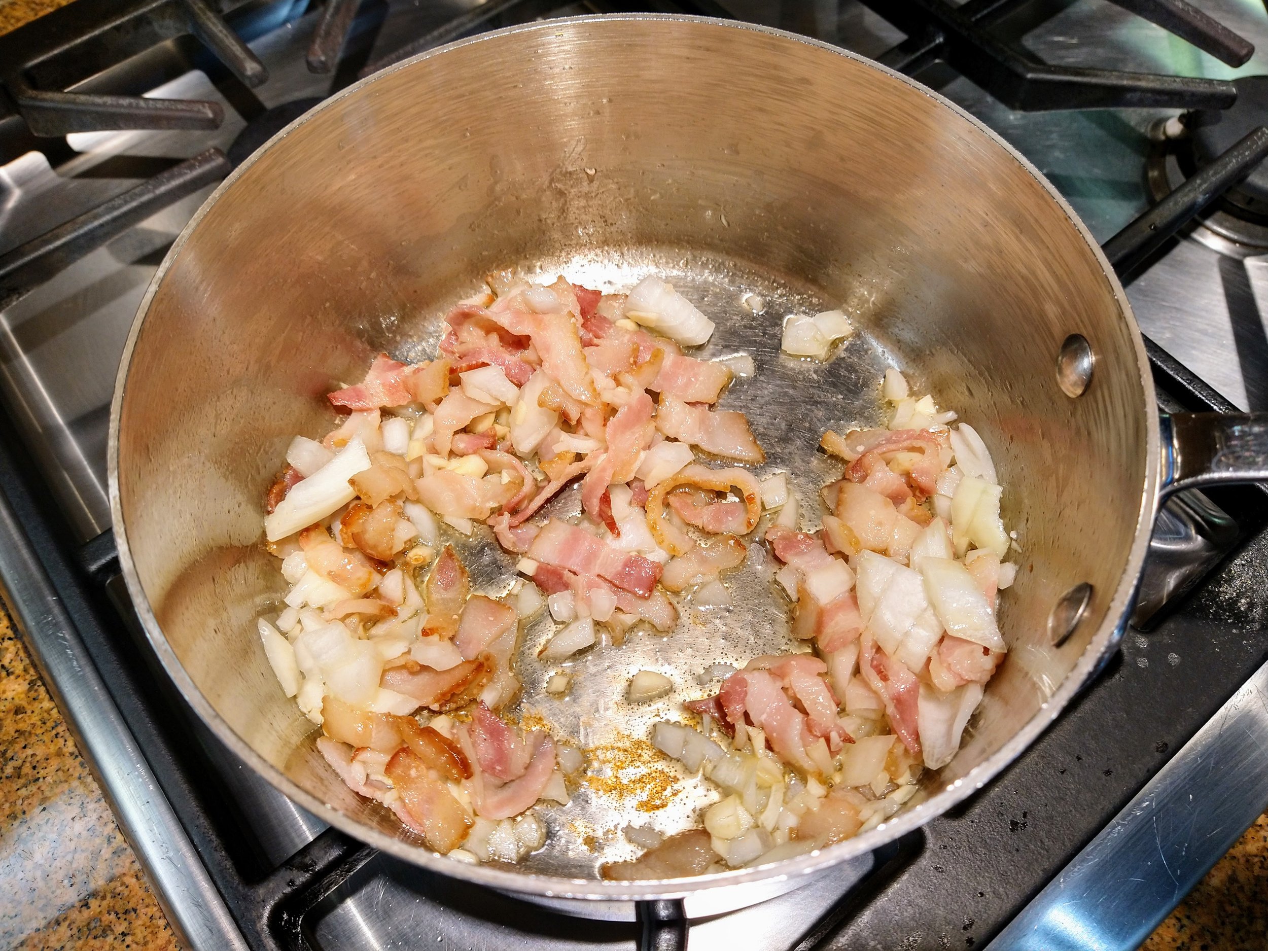 cook bacon for black bean and pork soup for the Mediterranean Diet recipe