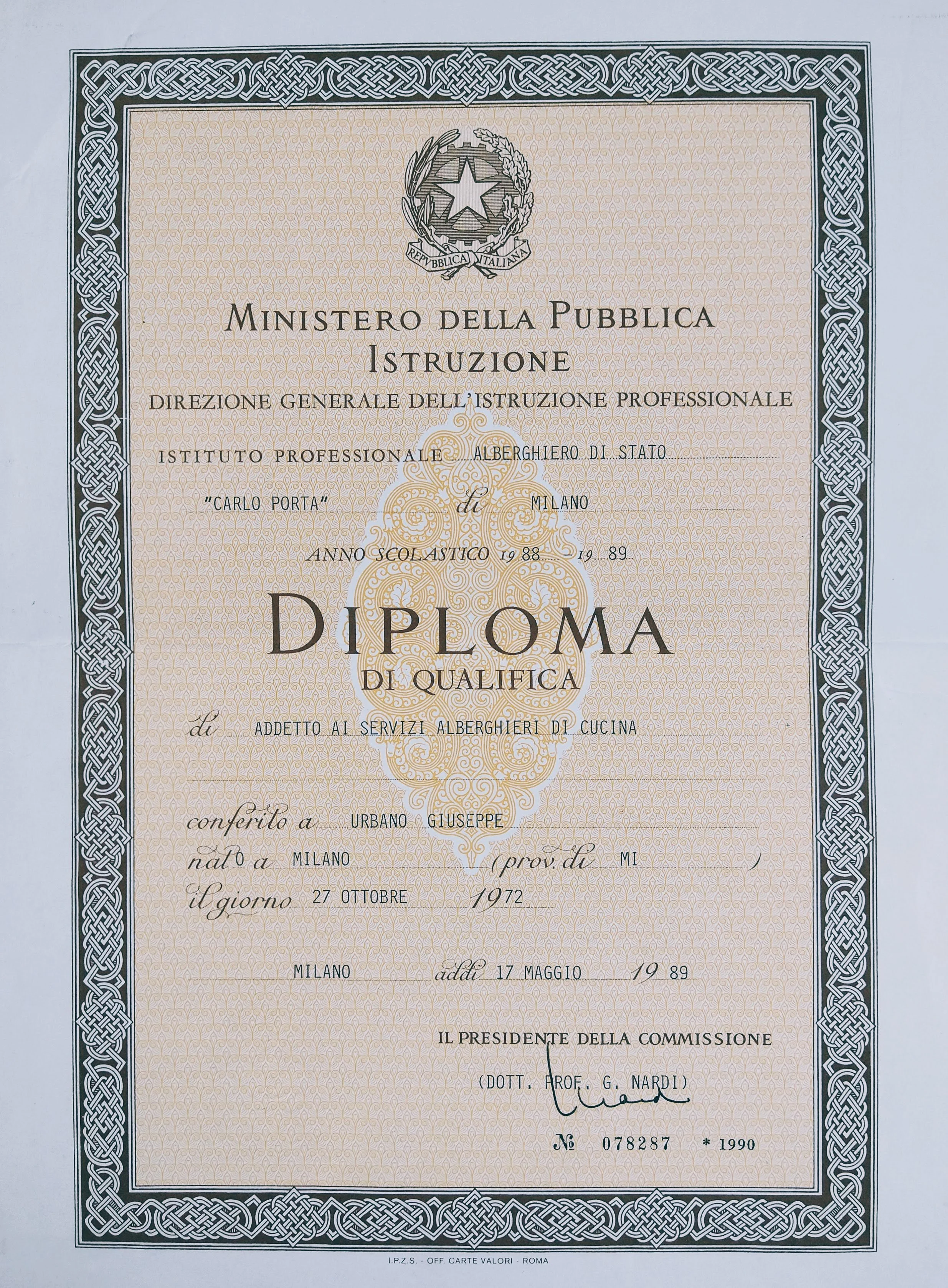 Executive Chef Giuseppe Urbano 2 years of maturita certification of completion in hotel and restaurant management from the Carlo Porta Culinary Institute in Milan, Italy