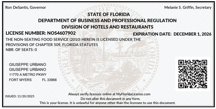 State of Florida Hotel and Restaurants License for Executive Chef Giuseppe Urbano, Meals For Longevity.