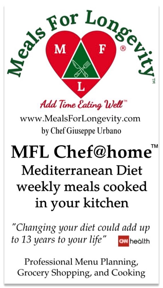 Front of the Meals For Longevity business card displaying contact information for Executive Chef Giuseppe Urbano.