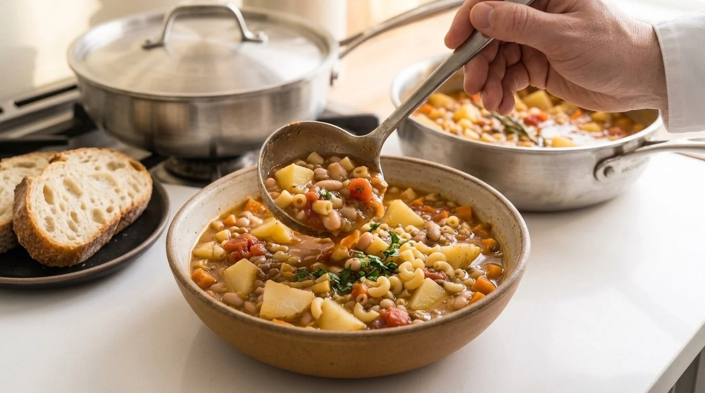 Pasta Fagioli White Bean Soup Bowl Served with  Garden Salad
