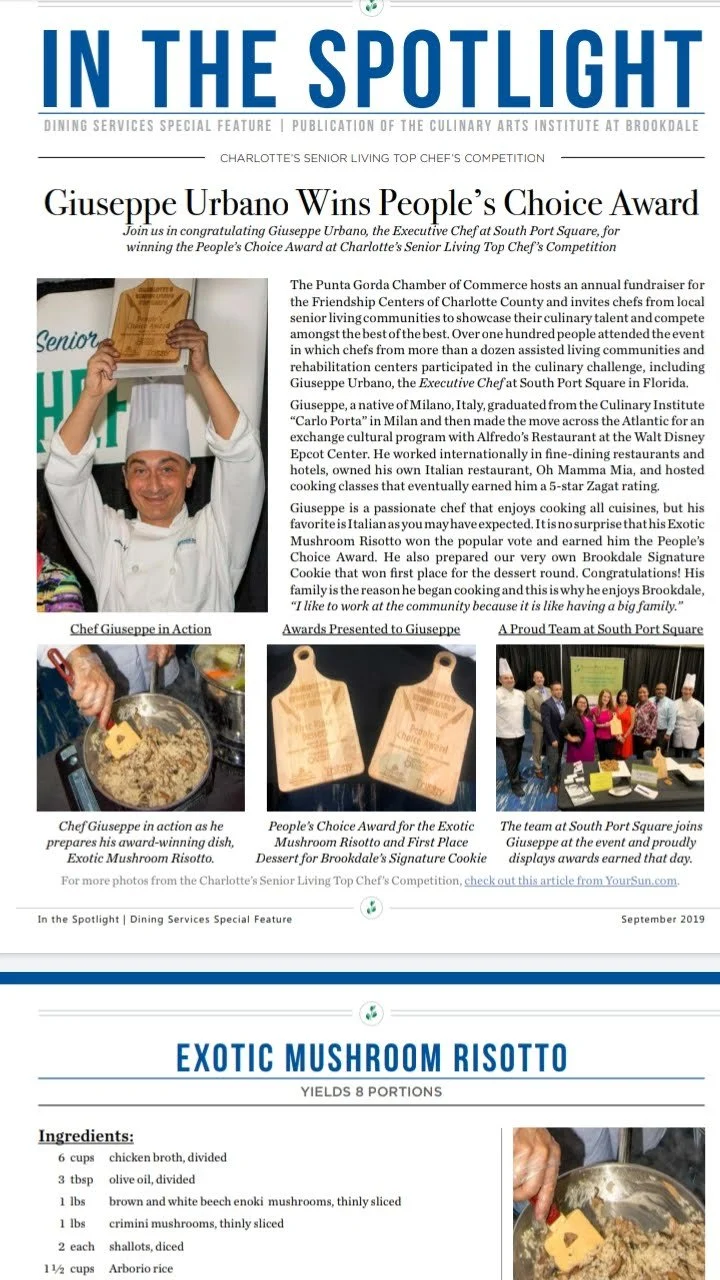Newsletter highlighting Executive Chef Giuseppe Urbano winning the 2019 People's Choice Award for culinary excellence.