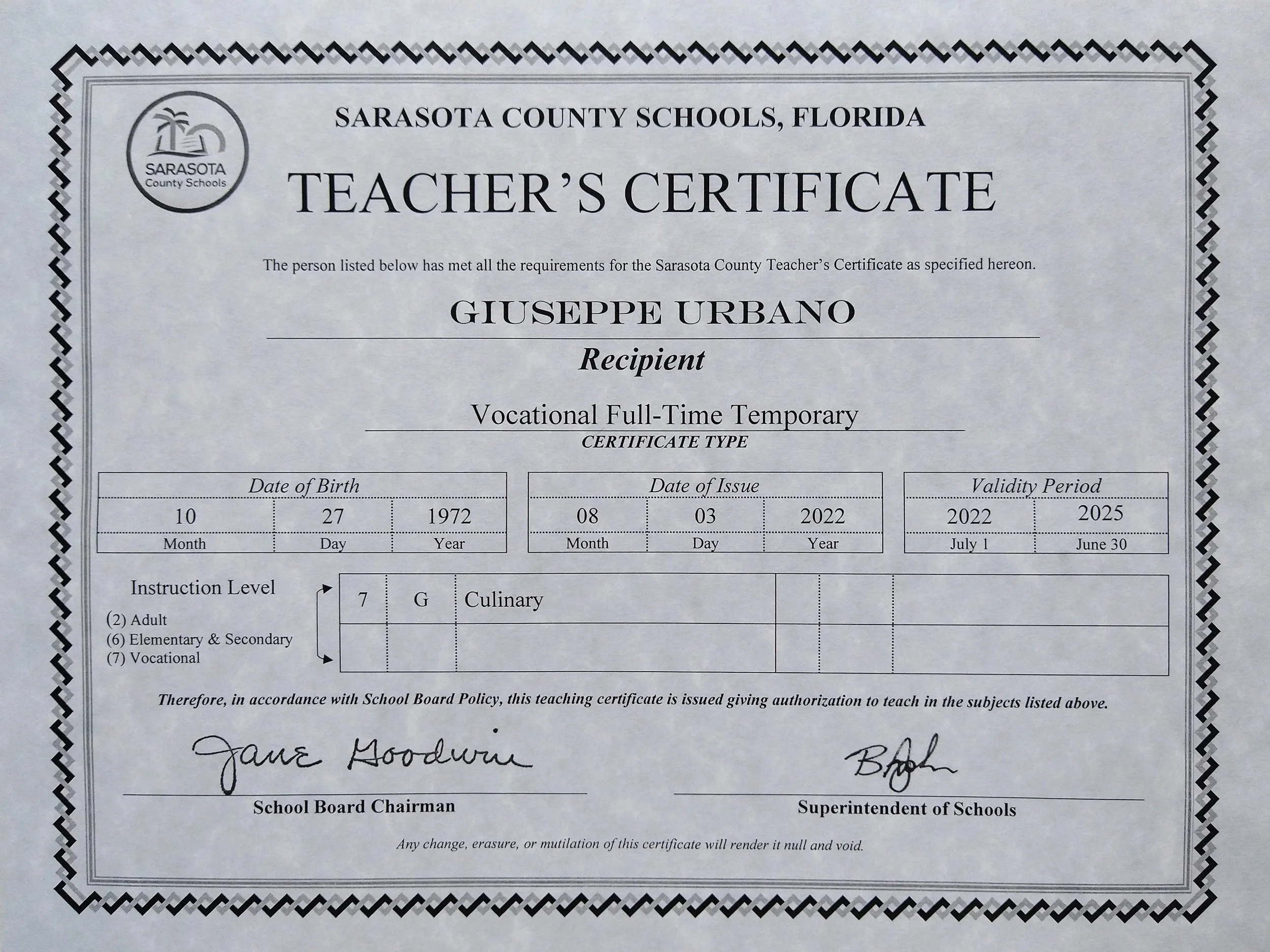 Executive Chef Giuseppe Urbano teacher certificate
