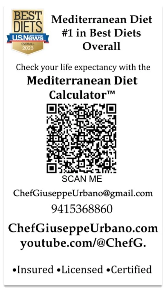 Back of the Meals For Longevity business card featuring the Mediterranean Diet Calculator and a QR code.